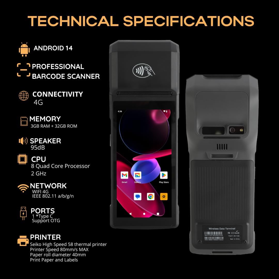 POS Android 14 Receipt Printer Android 14 and 58mm High Speed Thermal Printer 5.5’ Touch Screen. Handheld Point of Sale with NFC + Professional Barcode Scanner. 4G Network, 3GB Ram+32GB ROM - Image 3