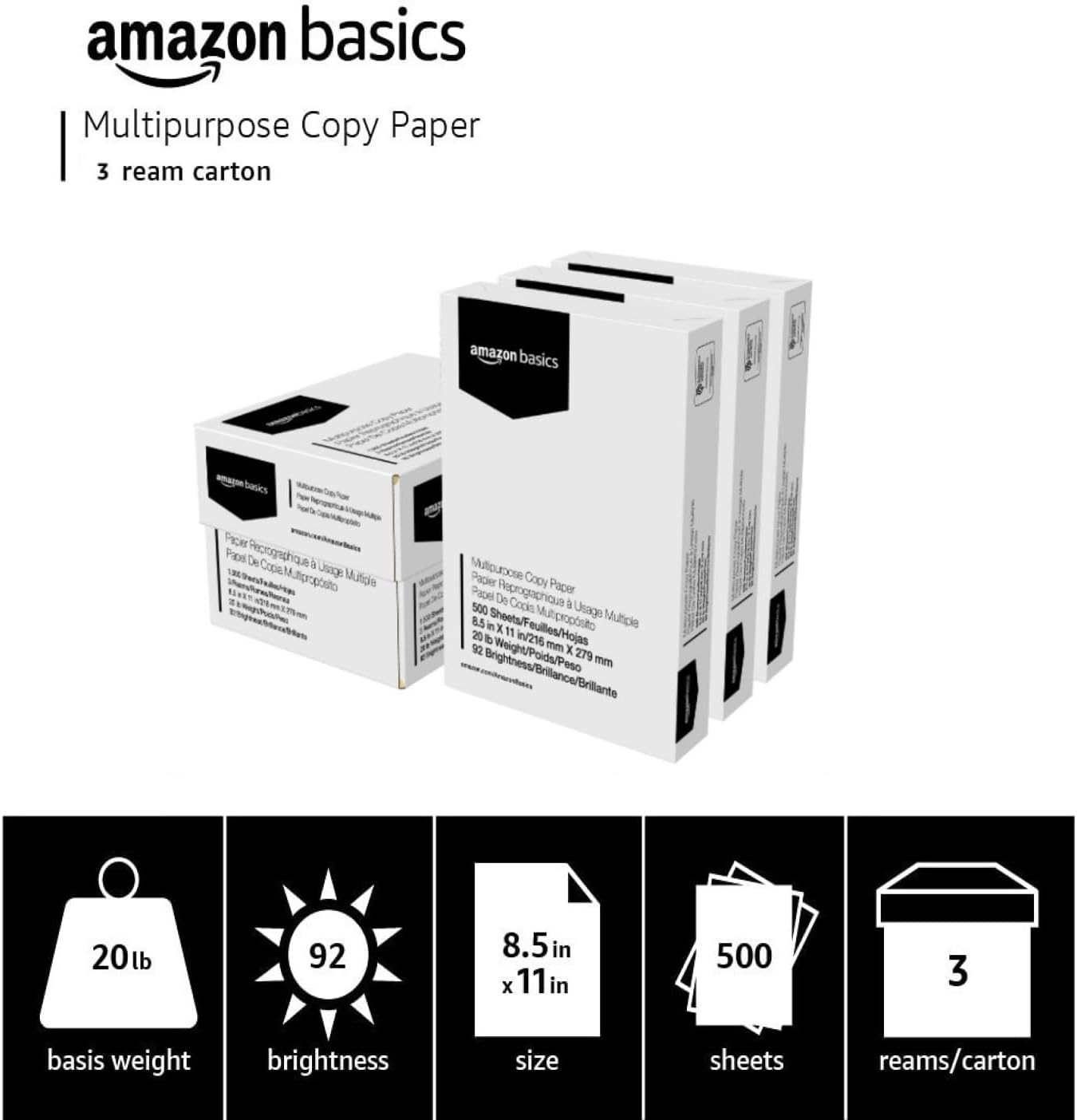 Amazon Basics Multipurpose Copy Printer Paper, 20 lb, 8.5 x 11 Inches, 3 Reams (1,500 Sheets), 92 Bright, White - Image 3