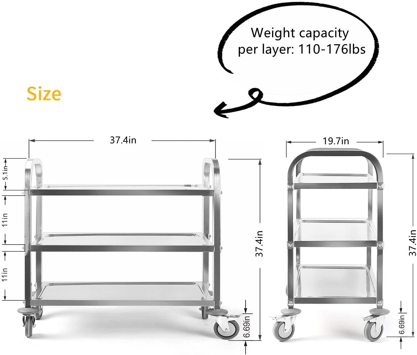 MYOYAY 37.4x19.7x37.4 Inch Stainless Steel Cart Large 3 Tier Kitchen Utility Rolling Cart Service Catering Storage Cart with Locking Wheels Kitchen Cart or Kitchen Hotel Restaurant Cafe Home - Image 2
