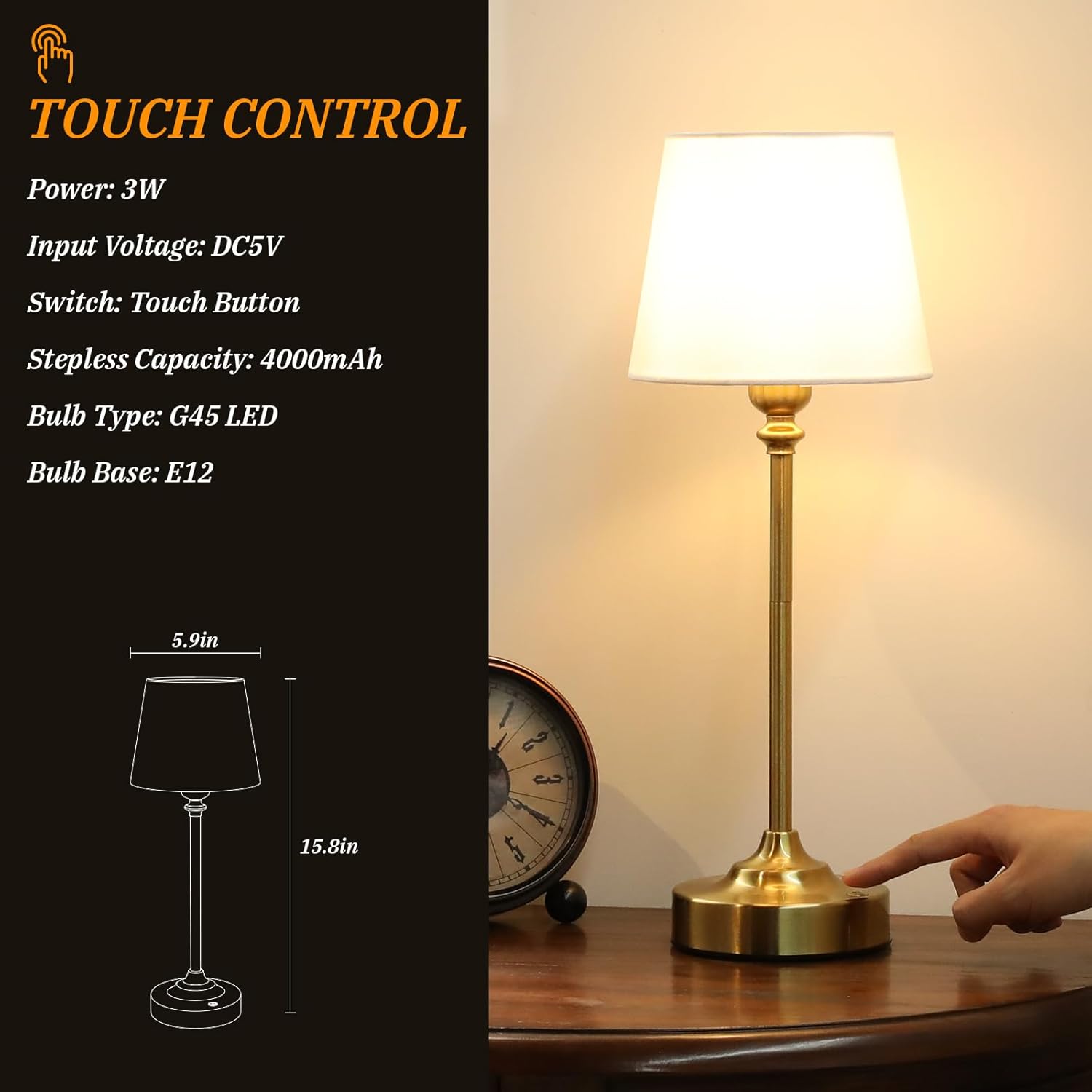 Cordless Table Lamp Rechargeable Gold - 1 Pack Brass 4000mAH Battery Operated Lamp for Decor, 3000K Stepless Dimming Touch Control Wireless Lamp for Bedroom, Dining Table, Counter, Living Room - Image 6
