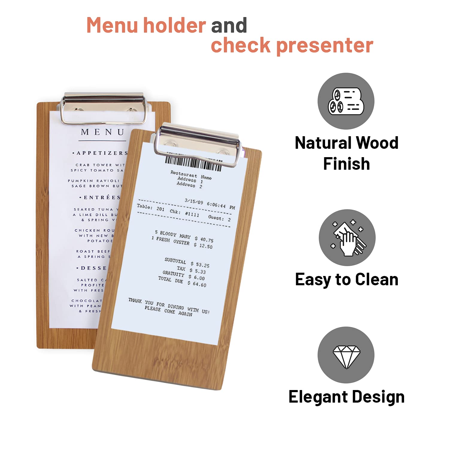 Olbia 10-Pack Wood Check Presenters for Restaurants, Server Book, Menu Holder for Cafes, Wooden Clip Board, Cute Waitress Book Organizer, Server Note Pads, Guest Check Book 8" x 4" (Natural) - Image 4