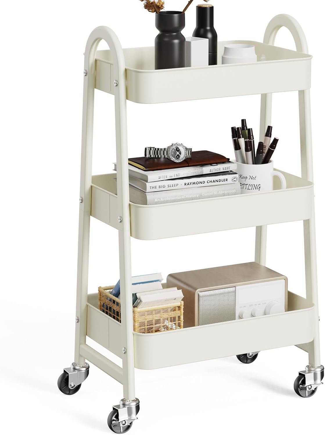 OLIXIS 3 Tier Utility Rolling Cart, Metal Mobile Storage Shelf with Lockable Caster Wheels, Organization for Livingroom, Bathroom & Narrow Places, White