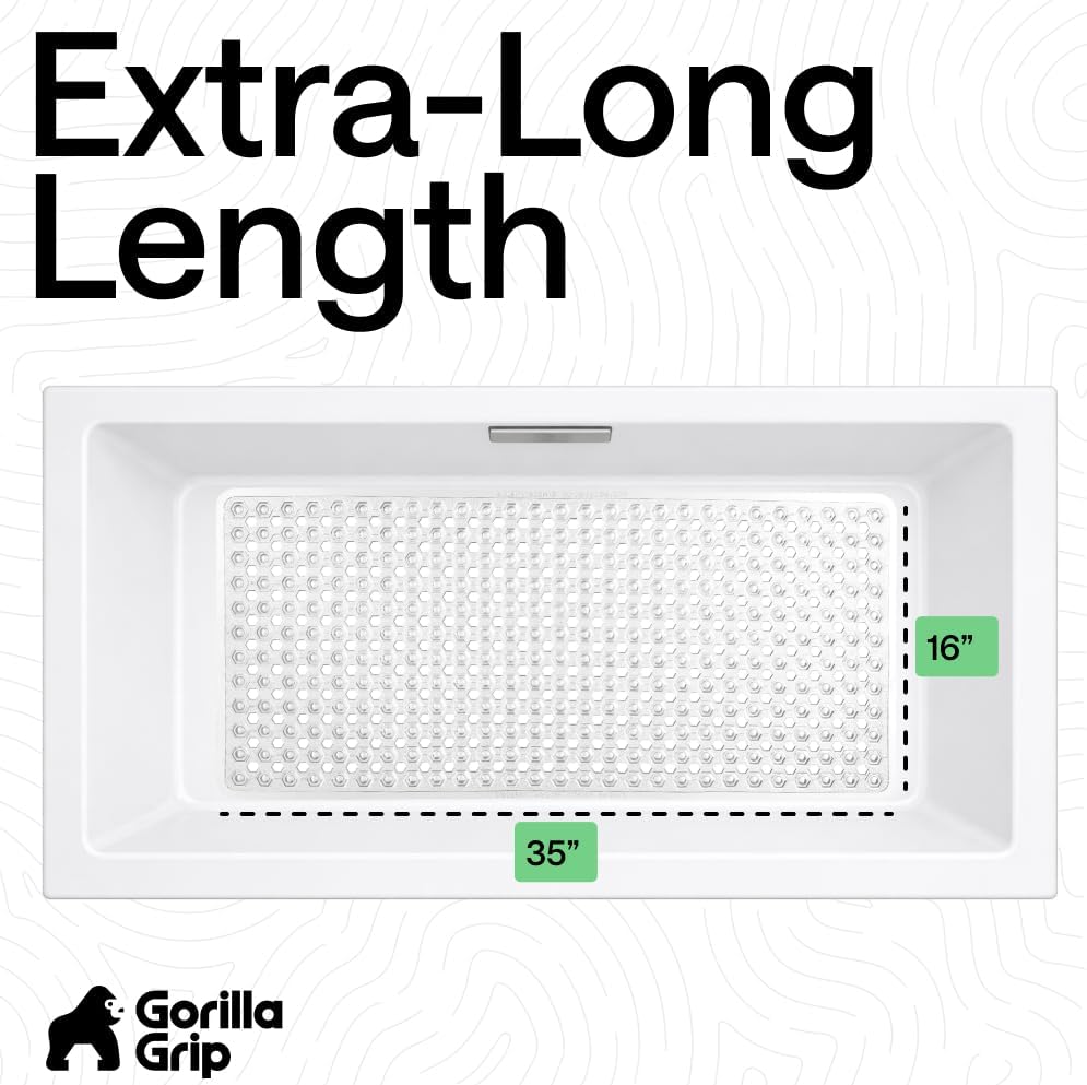 GORILLA GRIP Patented Bath Tub Shower Mat, Machine Washable Bathtub Floor Liner Mats, Suction Cups and Drain Holes to Keep Tubs Clean, Soft on Feet, Bathroom Essentials, 35x16 Inch, Clear - Image 5