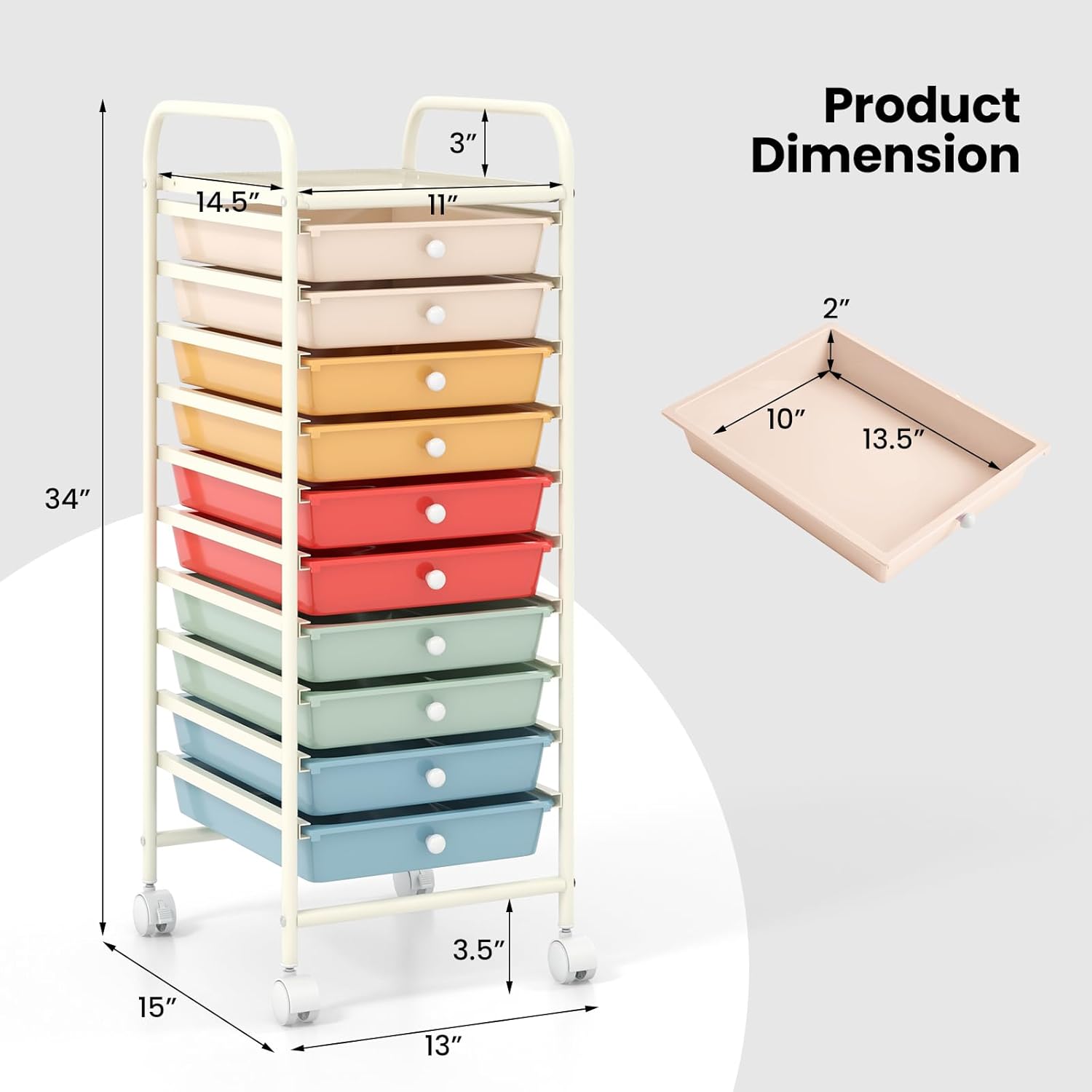 COSTWAY 10-Drawer Rolling Storage Cart, Utility Mobile Trolley with Removable Drawers & Universal Casters & 2 Brakes, Versatile Flexible Drawer Organizer Cart for Home, Office, Macaron - Image 2