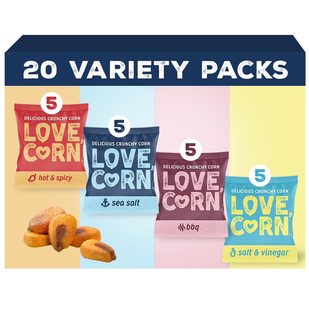 LOVE CORN Fab Four Sea Salt, BBQ, Salt & Vinegar, Hot Spicy | Delicious Crunchy Corn Snacks | .07oz x 20 Gluten Free, Vegan Bags | Convenient for Lunch Boxes, Commuting & Office Snacks