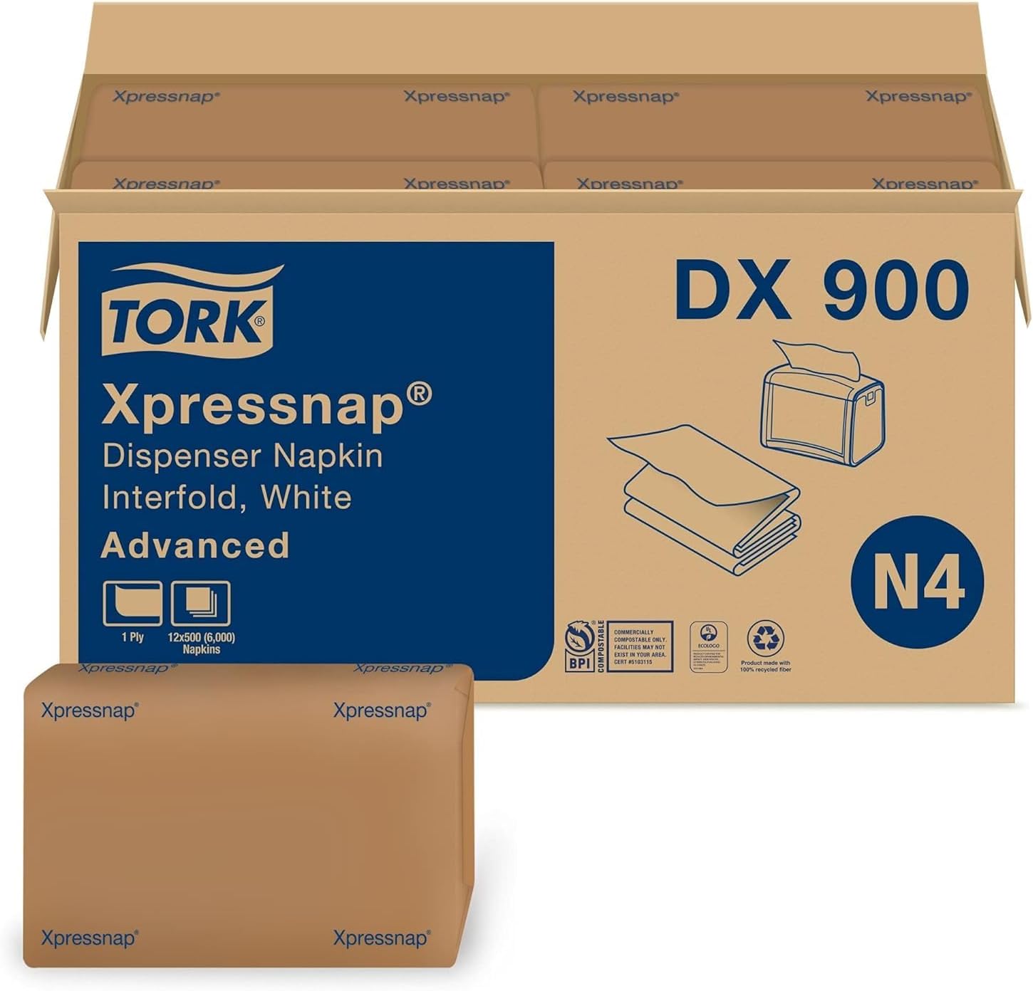 Tork Xpressnap White Dispenser Napkins N4 Advanced Interfold 1-Ply for Hygienic Dispensing 12 Packs of 500 (6000 Total) - (DX900)