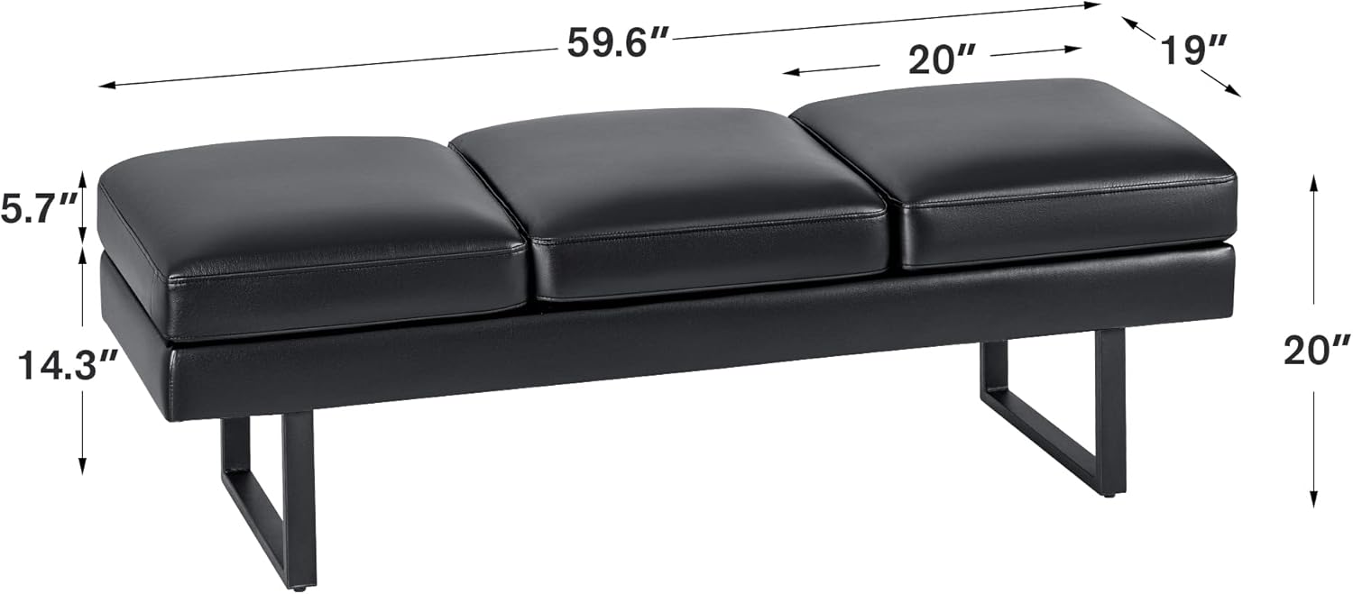 Furmax Waiting Room Chairs Faux Leather Office Guest Chair, 59.6 Inches Conference Room Chairs 3 Seats Upholstered Reception Bench, Lobby Furniture for Salon and Shop, Black - Image 3