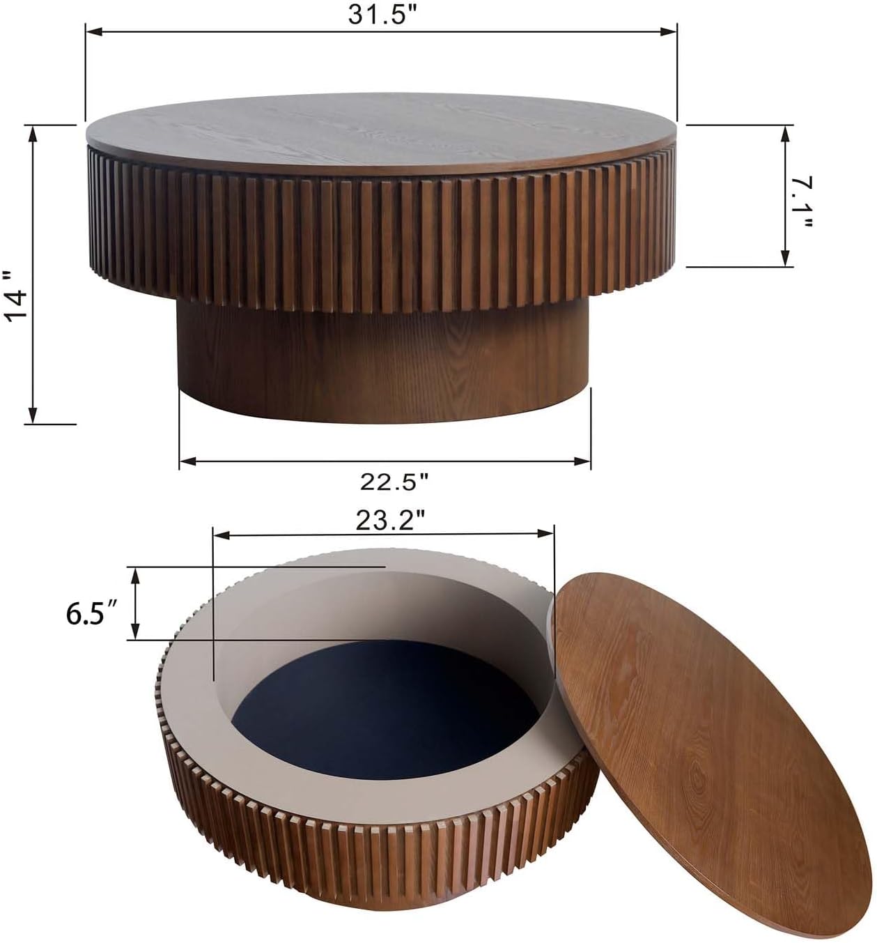Round Coffee Table with Storage, Modern Wooden Coffee Table with Solid Wood Veneered, Circle Center Table Accent Tea Table for Living Room Apartment Small Space (31.5''L × 31.5''W × 14''H, Walnut) - Image 2