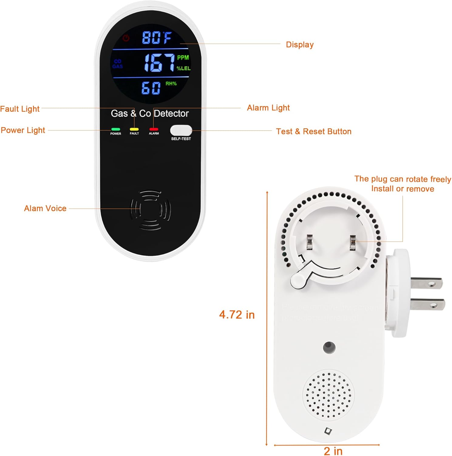 Koabbit Explosive-Gas & Carbon-Monoxide-Detectors, Plug in Carbon Monoxide Alarm,Natural Gas Detector,4-in-1 Combustible Gas & CO Detector with Fahrenheit(°F) & Humidity for Home,RV,Apartment - Image 2