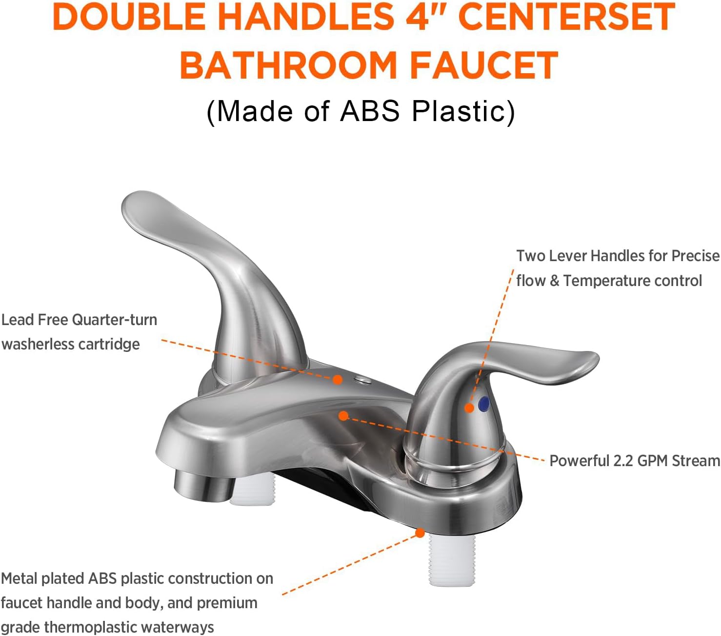 Bathroom Sink Faucets 2/3 Hole,Brushed Nickel Dual Handles 4 inch Plastic Plating Over Bathroom Faucet with Pop-up Drain and 2 Supply Hoses for Apartment Rvs Sink Vanity - Image 2