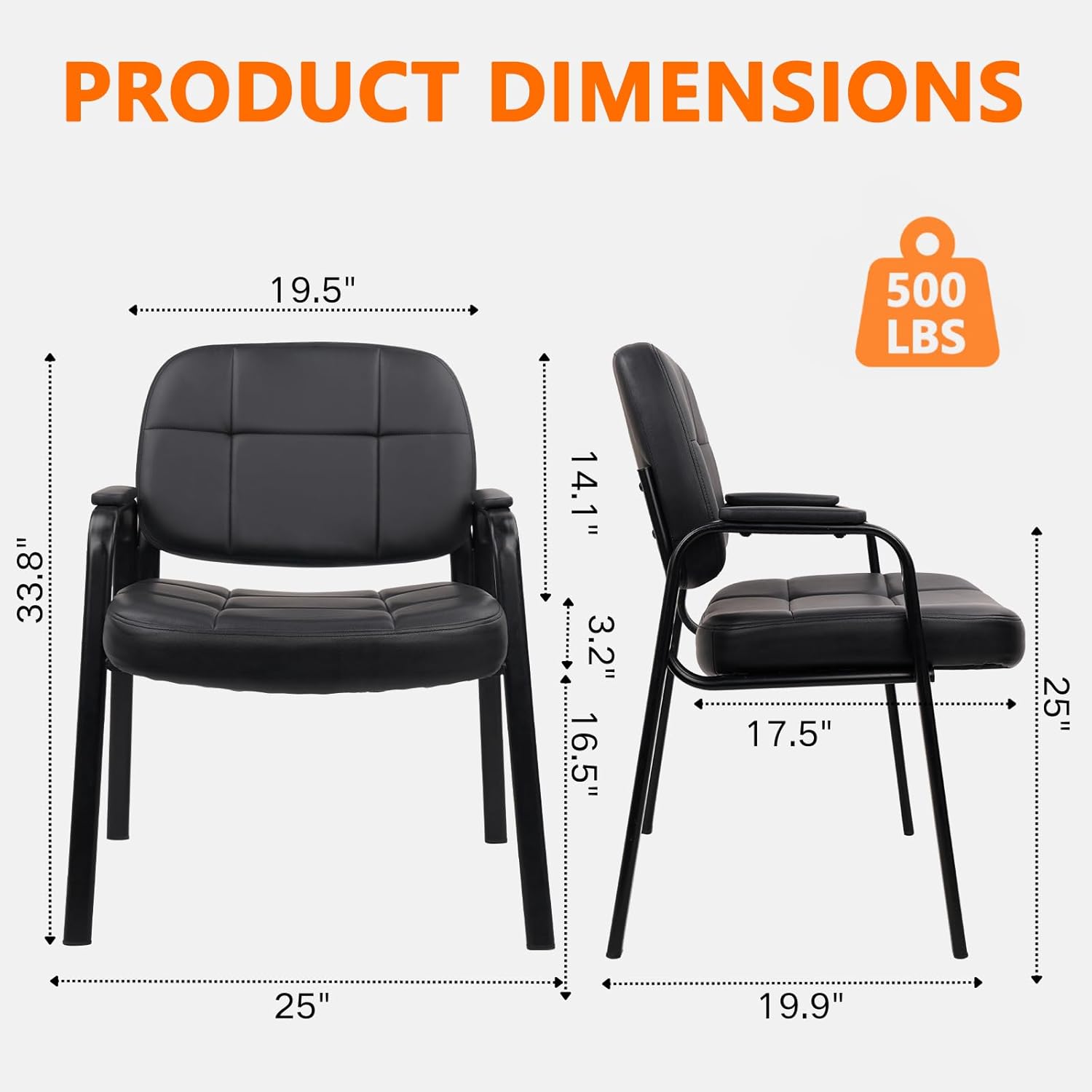 CLATINA Big & Tall 500 lbs Waiting Room Guest Chair, Leather Office Reception Chair No Wheels with Padded Arms for Elderly Home Desk Conference Room Lobby Side Salon Clinic, Black(4 Pack) - Image 3