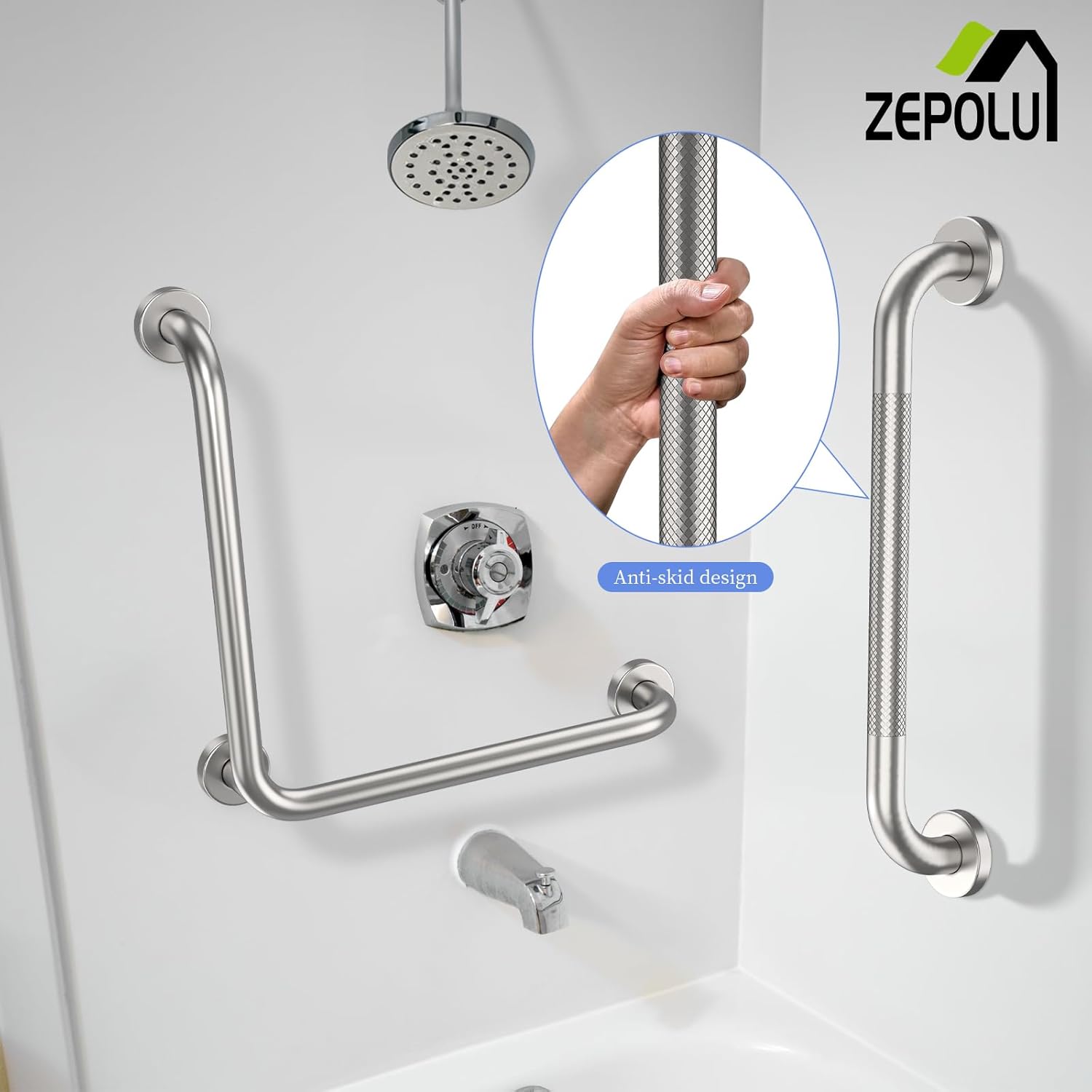 Brushed Nickel Angled Grab Bar 16 Inch, Zepolu Stainless Steel L-Shaped Safety Grab Rail, Bathroom Mobility Aid Handrail, Wall Mounted Balance Support Assist Shower Handle for Senior Elderly Handicap - Image 3