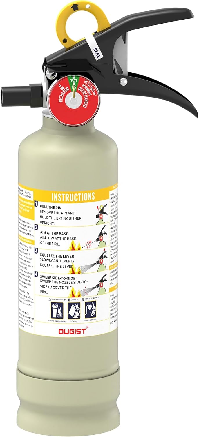 Ougist ABC Dry Powder Fire Extinguisher, 2.5lb – 1-A:10-B:C Rated for Home, Office & Vehicle, Quick Release, Easy-Grip Handle, Ideal for Electrical & Grease Fires, Car Extinguisher, Model FF1KG