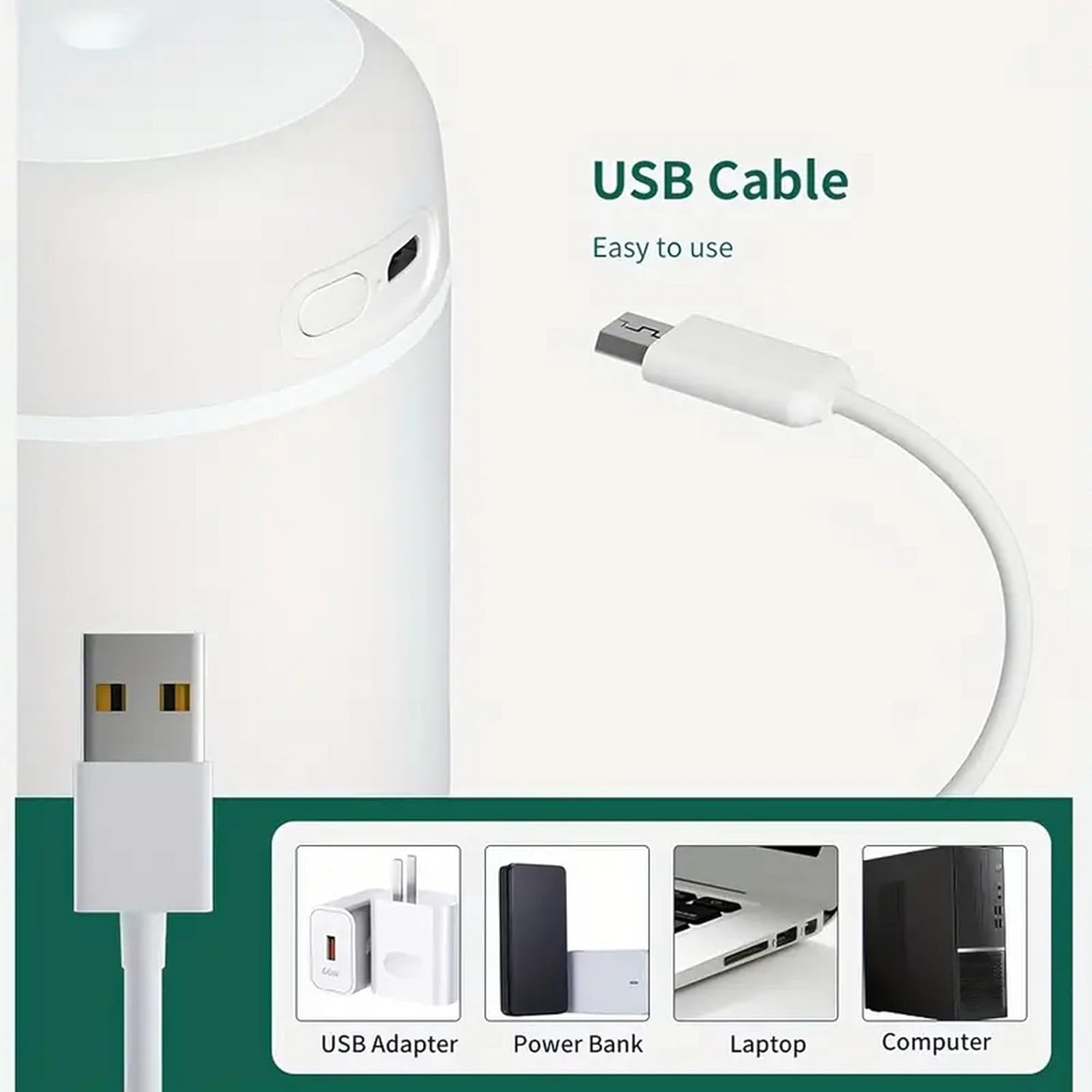 Portable Mini Humidifier, Colorful, Cool Mist, USB Powered. Perfect for Bedroom, Office & Car (300ml, White) - Image 5