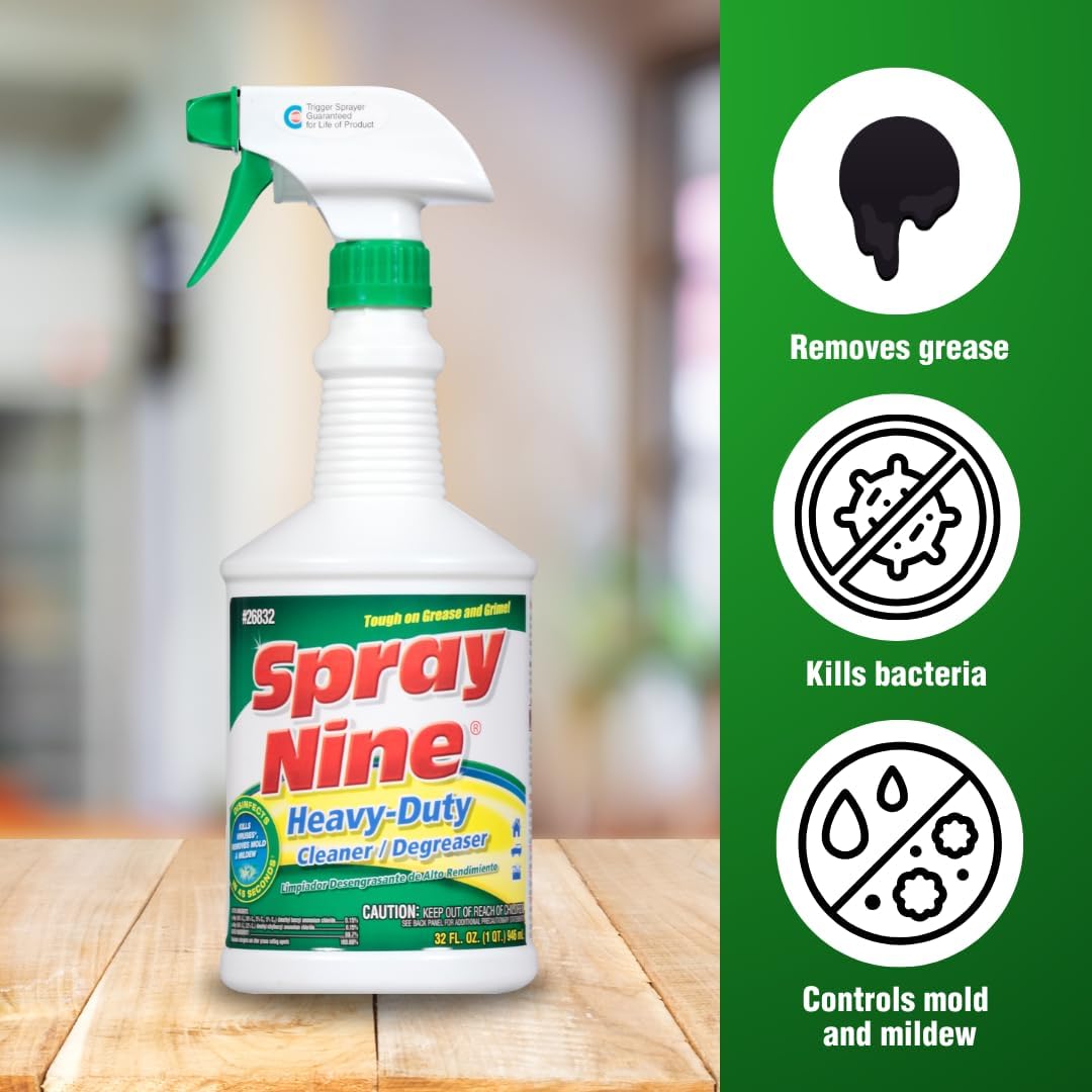 Spray Nine 26832 Heavy Duty Cleaner, Degreaser & Disinfectant for Kitchens, Bathrooms, Yard Equipment, Automotive & Industrial 32 Fl Oz. (Pack of 1) - Image 4