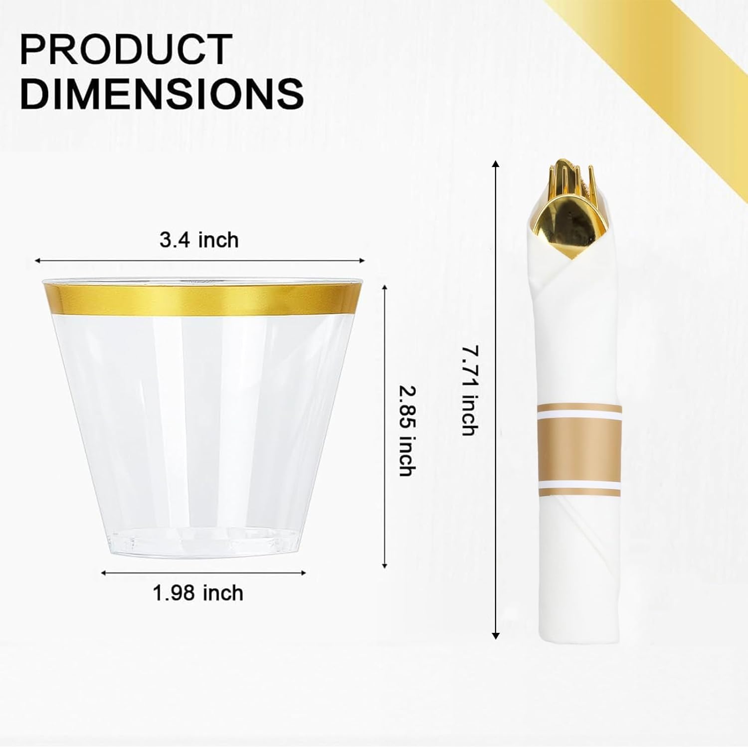 M MCIRCO 175 Piece Gold Dinnerware Set - 50 Plastic Plates, 25 Cups, 25 Pre Rolled Napkins with Plastic Silverware, Disposable Gold Dinnerware Set for 25 Guest - Image 4