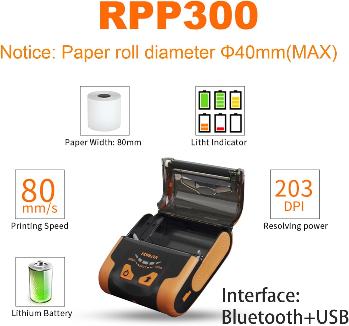 Rongta Portable 80mm POS Printer, Mobile Thermal Receipts Printer, USB&Bluetooth Connection, Compatible with Android Phone, Do Not Square/Ipad/Computer/Android Tablet(RPP300) - Image 2