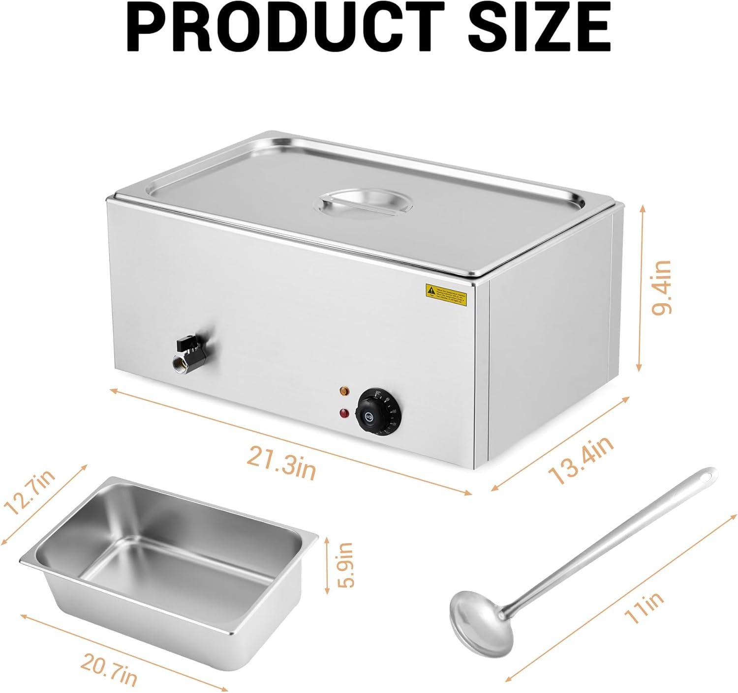 21QT 1 Pan Electric Commercial Food Warmer, 200W Stainless Steel Bain Marie Buffet Steam Table with Lid and Ladle, for Catering Restaurant, Silver - Image 7