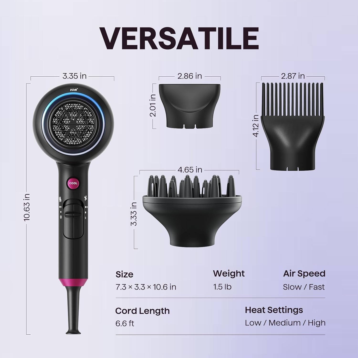Wavytalk Hair Dryer with Diffuser, Blown Away Ionic Hair Dryer for Curly Hair with Comb, 1875W Fast Drying Blow Dryer with Ceramic Technology, 3 Attachments for All Hair Types, Light and Quiet, Black - Image 7