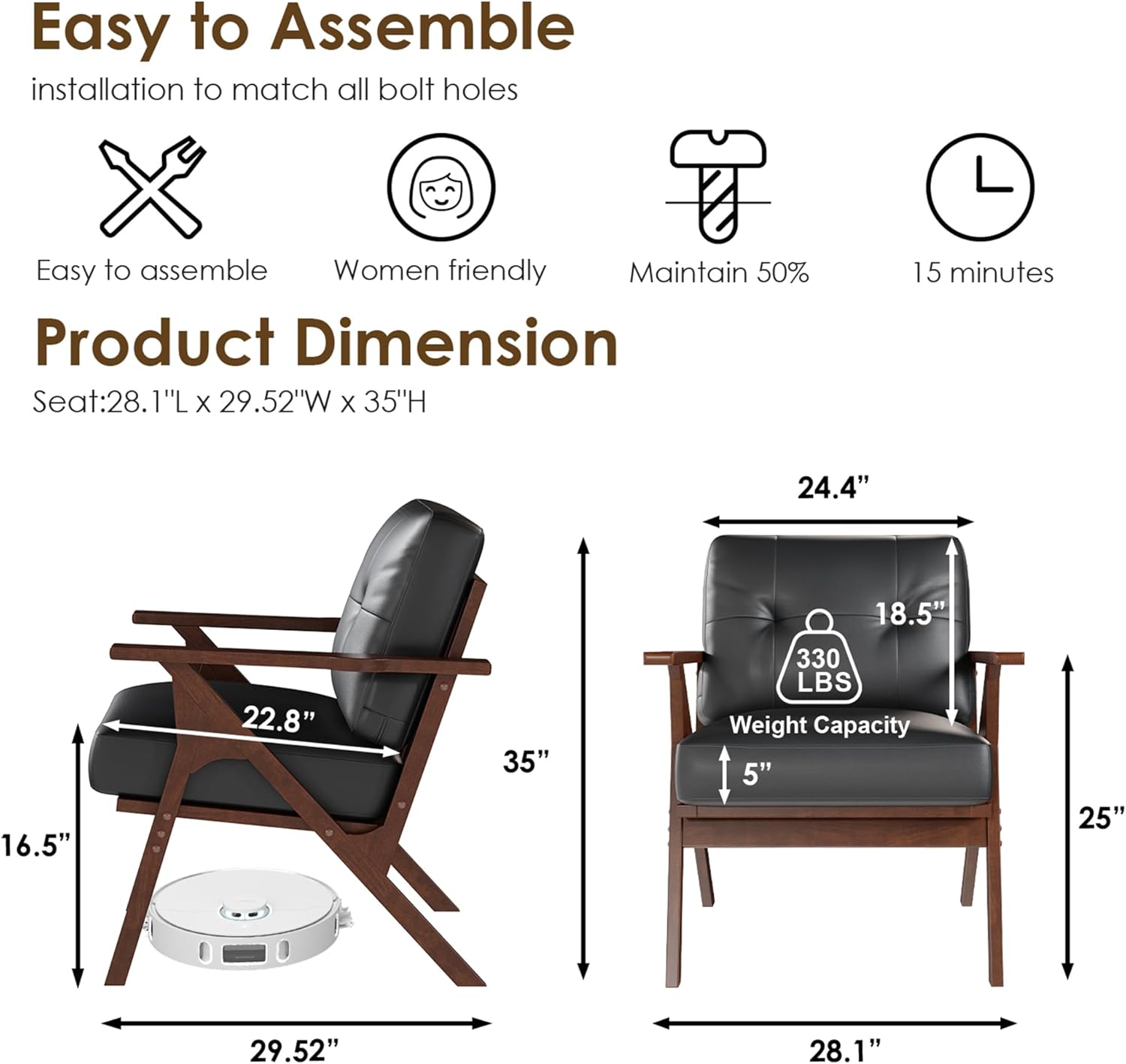 STHOUYN Black Leather Office Accent Chair Set of 2 with Wooden Arms, Comfy Guest Waiting Room Chairs, Mid Century Modern Chair, Side Arm Chairs for Living Room (Black, 2pcs) - Image 2