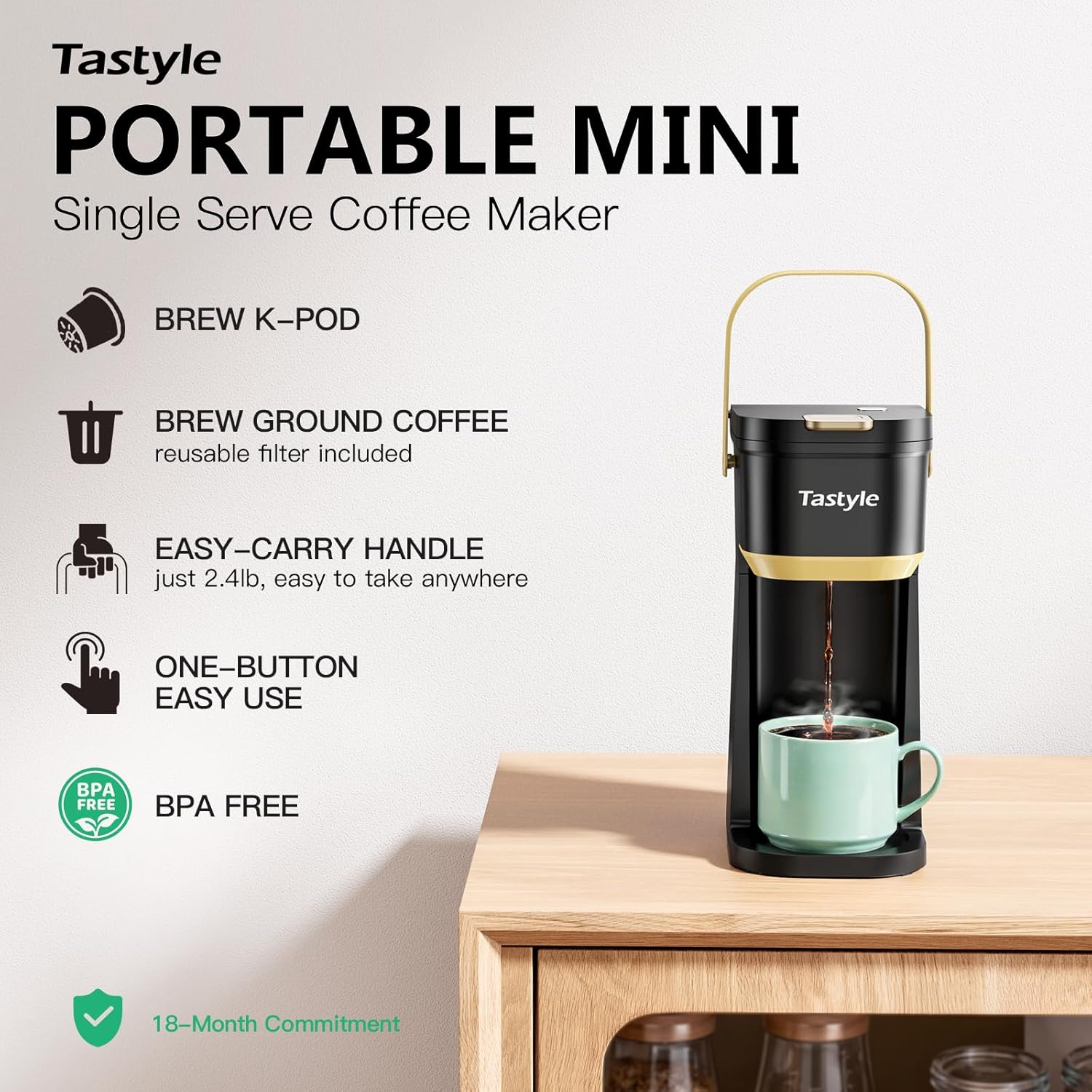 Single Serve One Cup Coffee Maker, for K Cups and Grounds, Mini Coffee Maker with Portable Handle, 6 to 12 Oz Brew Size, for Travel, Camping, Office, RV and Dorm, 120V, Black and Gold - Image 2