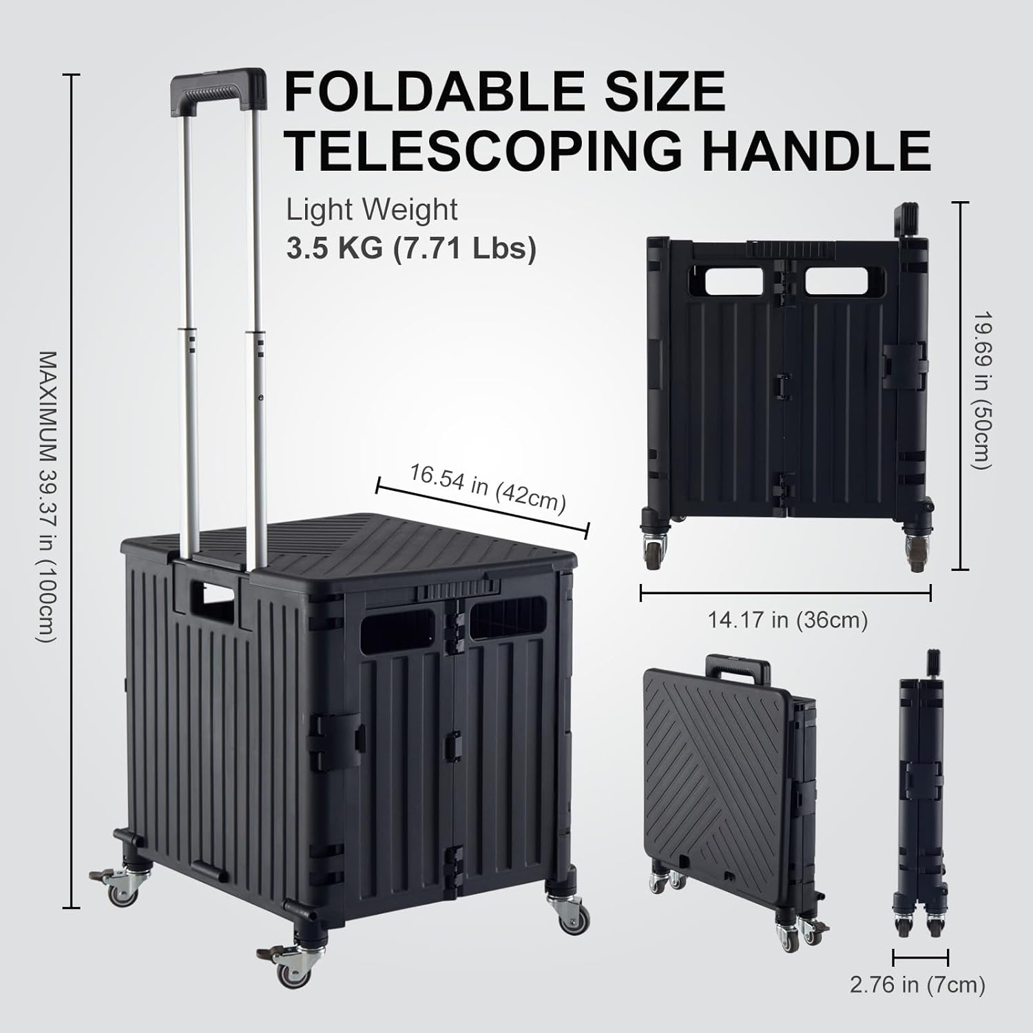 Folding Utility Cart Portable Rolling Crate Handcart Shopping Trolley Collapsible Tool Box, with Lid, Basket on 4 Rotate Wheels, for Grocery, Office, Luggage, Teacher (Black) - Image 4