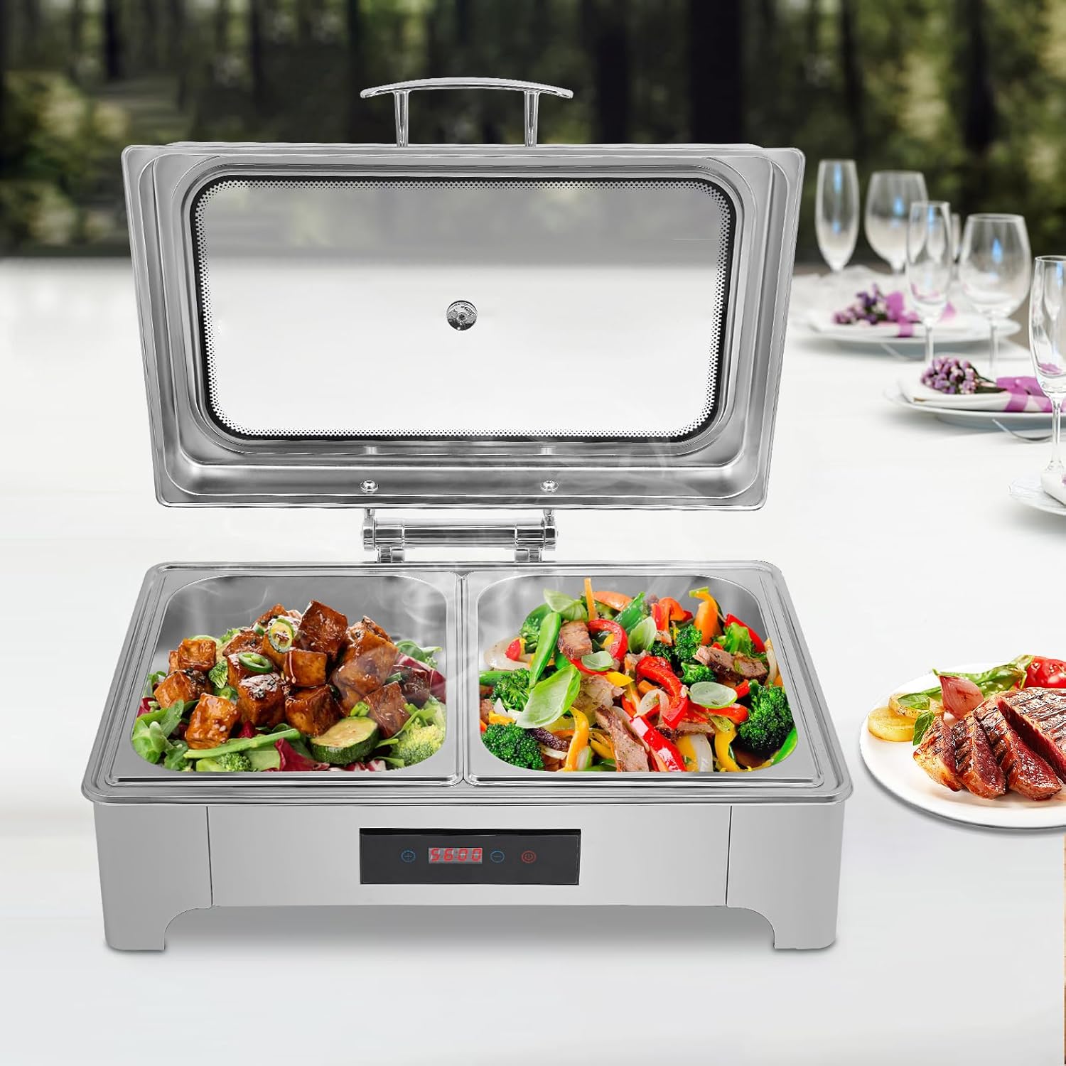 2 Pan Electric Chafing Buffet Dishes 9L Electric Buffet Server and Warmer Touch Control Food Warmer Buffet 95-194℉ with Temp Display & Glass Lid for Parties Catering Wedding - Image 3