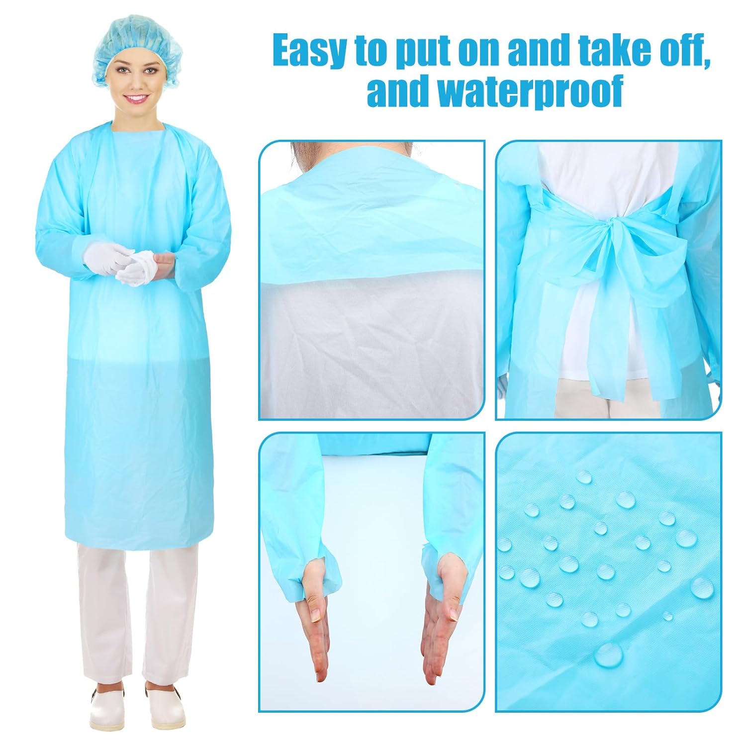 TrelaCo 20 Pack Disposable Isolation Gowns PPE Gowns Set with Sleeves Thumb Loops Waist Ties 46 Inch Large Waterproof CPE Odorless Disposable Gown for Home Isolation, Lab, Dental, Beauty (Blue) - Image 3