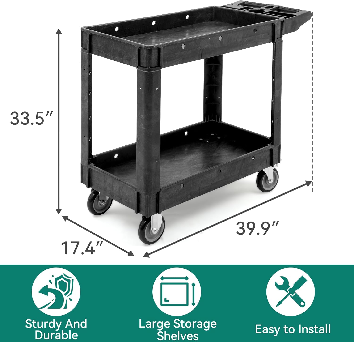 YITAHOME Utility Cart on Wheels, Plastic Tool Cart 550 lbs Capacity Service Cart, 40 x 17 Inch 2 Shelf Extra Heavy Duty Rolling Work Carts for Warehouse, Garage, School & Office, Cleaning, Black - Image 3