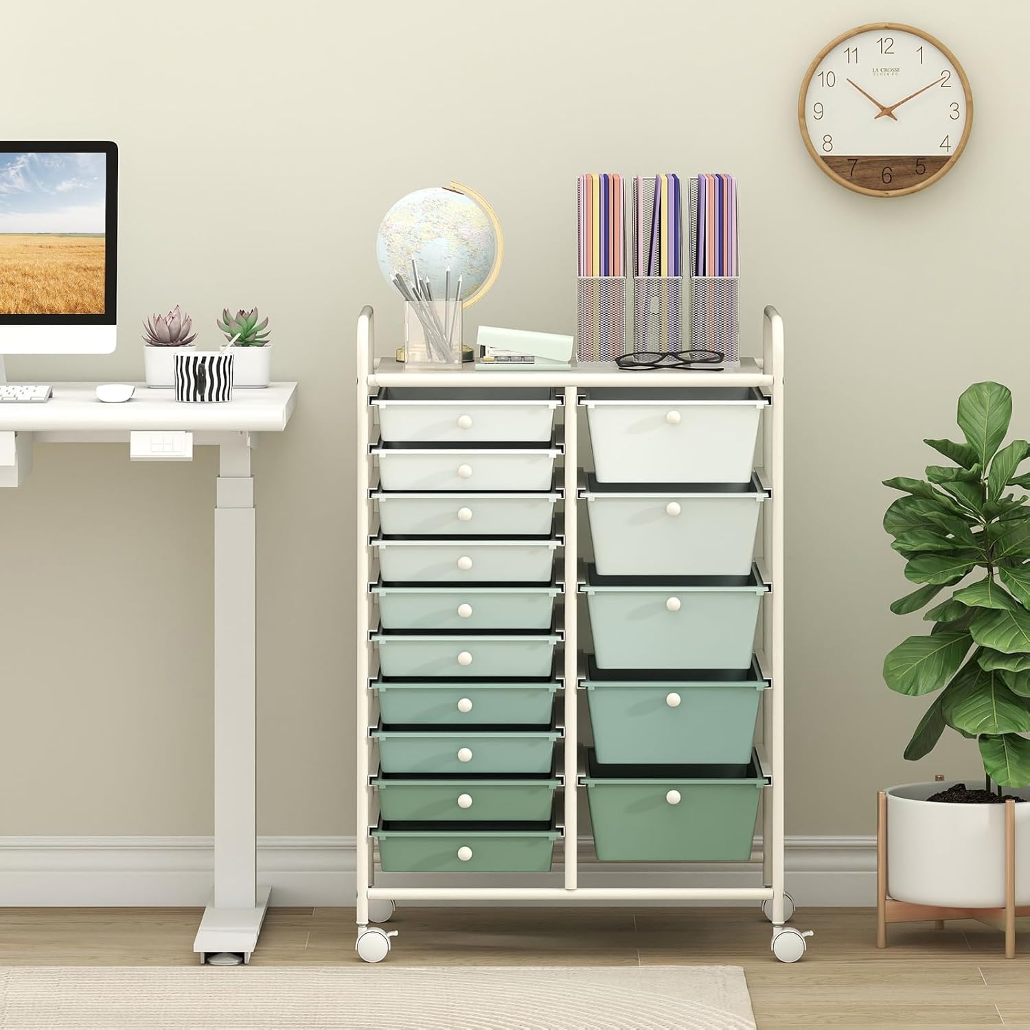 LDAILY 15 Drawer Rolling Storage Cart, Rolling Cart with Drawers for Classroom, Art Supply Craft Organizer on Wheel with Metal Frame & Handles for Home Office School (Gradient Green, 15 Drawer) - Image 2