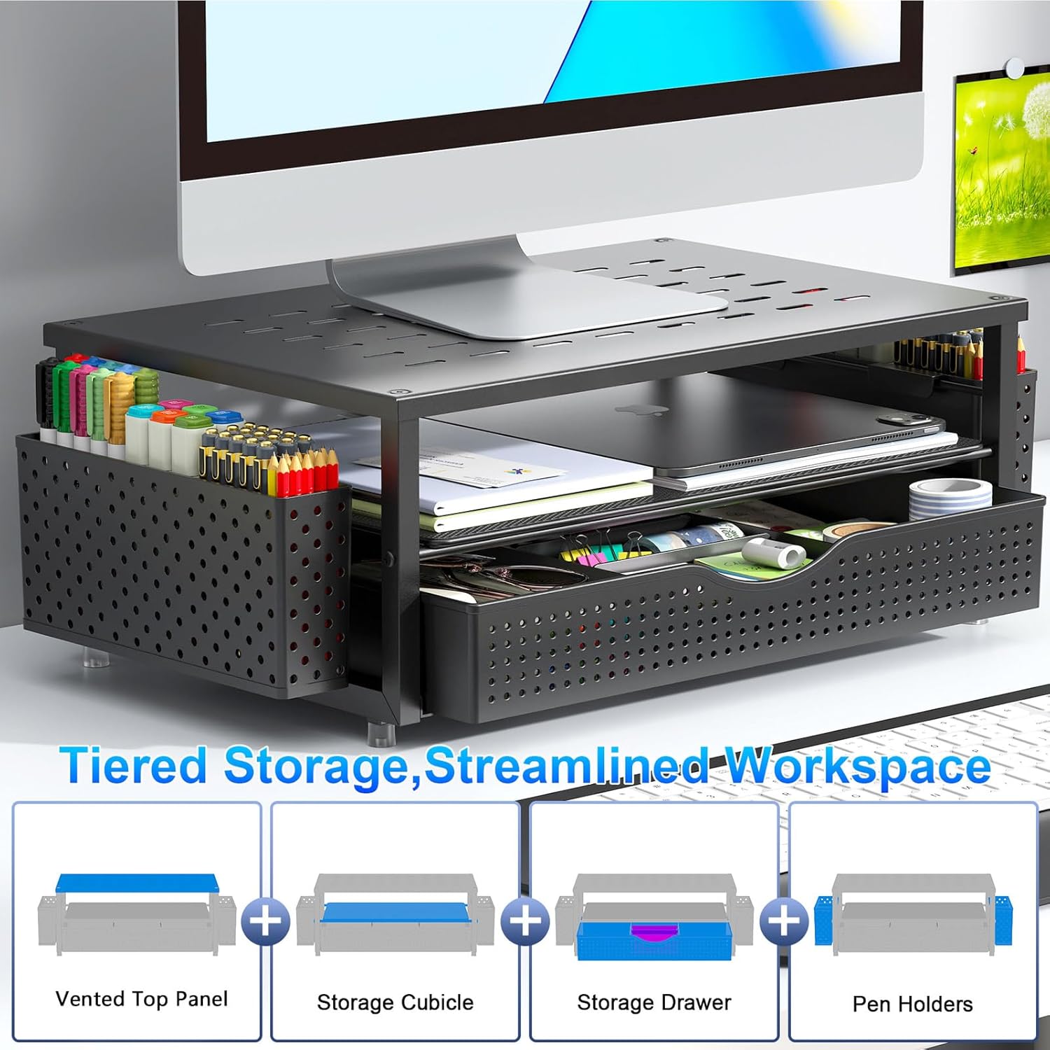 gianotter Desk Organizers and Accessories, Monitor Stand with Drawer and 2 Pen Holder, Desktop Organizer Suitable for Offices and Dormitories (Black) - Image 3