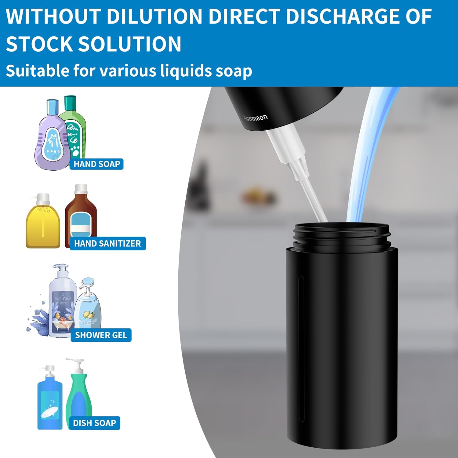 Aunmaon Automatic Soap Dispenser Touchless, Hands-Free, Multi Adjustable Volume, Long Battery Life, Compatible with Thick & Thin Dish/Hand Soap for Bathroom and Kitchen, Easy for Toddlers, Black - Image 3