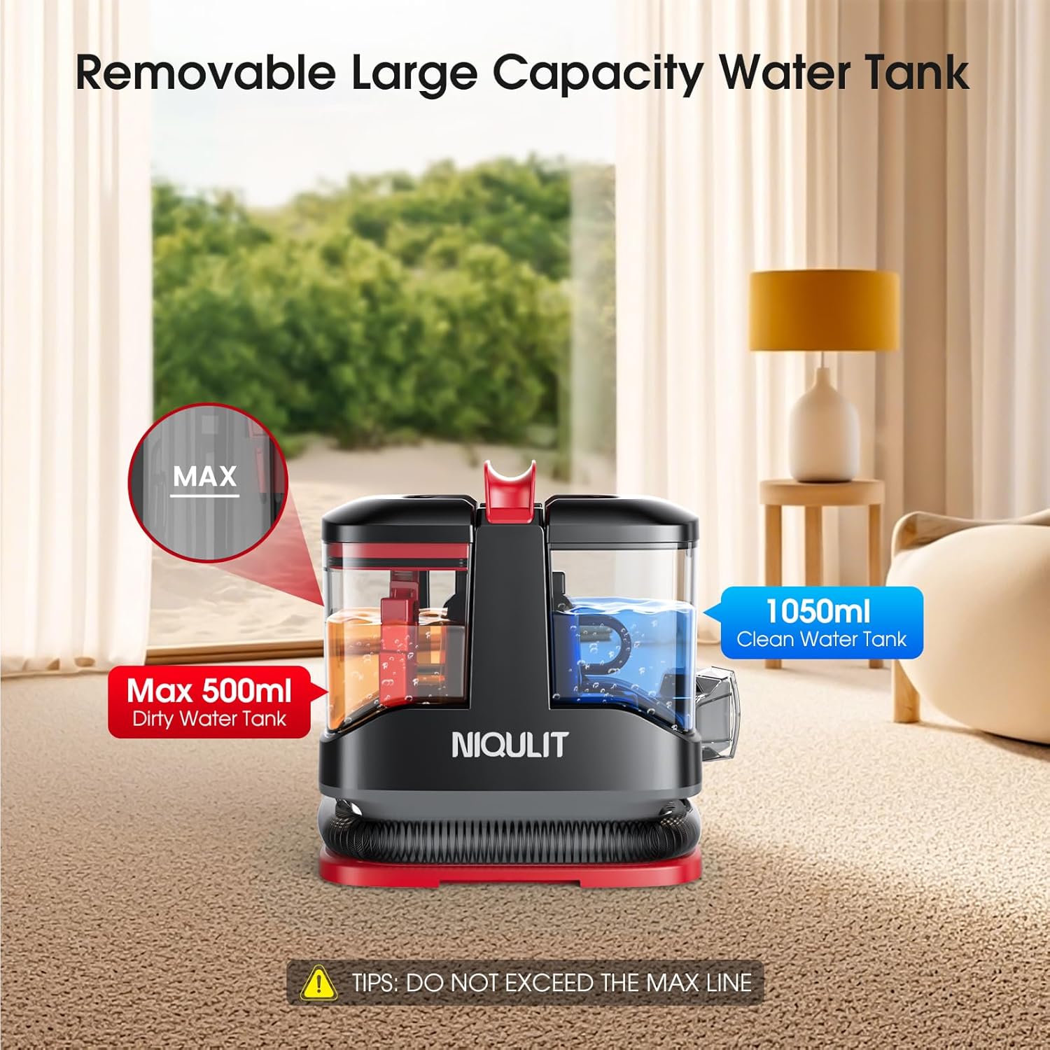 Portable Carpet and Upholstery Cleaner, 15Kpa Spot Cleaner Machine for Pets, Furniture Cleaner for Sofa, Area Rugs, Couch and Car, Carpet Cleaning Machine with Dual Brush Heads & Self-Cleaning System - Image 3
