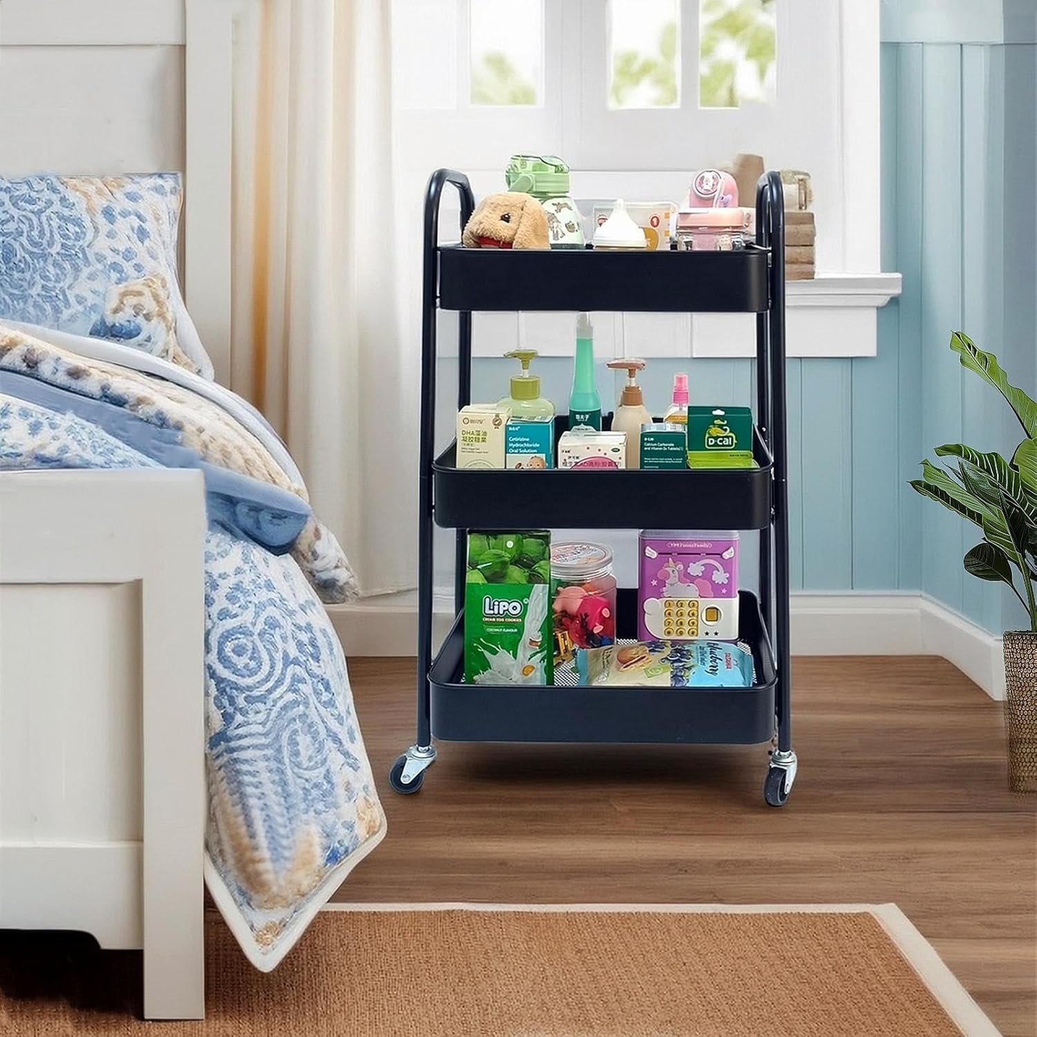 SETTFRFE 3 Tier Metal Utility Cart with Wheels,Rolling Storage Cart for Office,Dorm,Kitchen,Black - Image 2