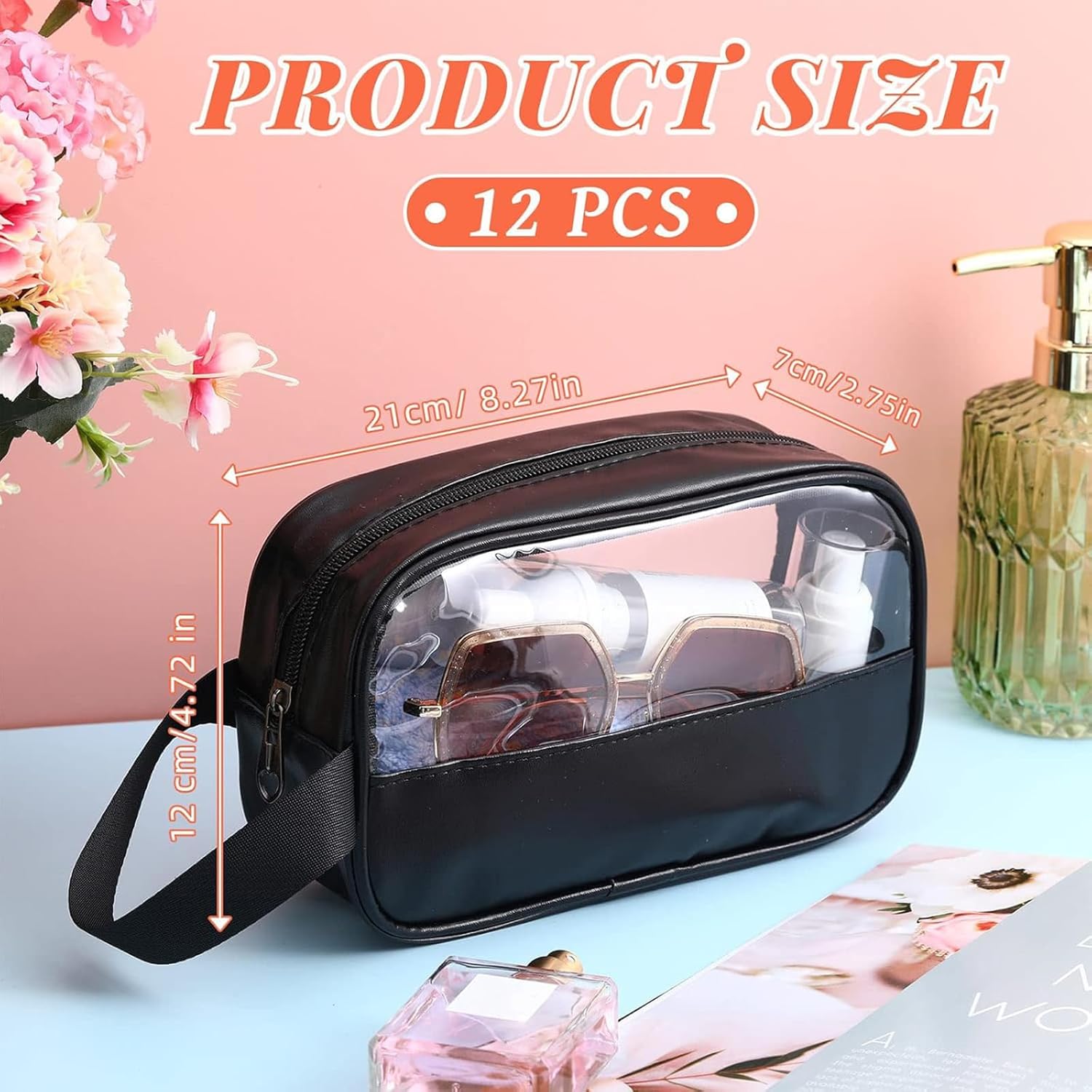 Buryeah 12 Pieces Toiletry Bags Bulk for Women Men Translucent Small Travel Makeup Pouch Portable Waterproof Organizer Set for Accessories Toiletries Gifts for Wedding(Black) - Image 2