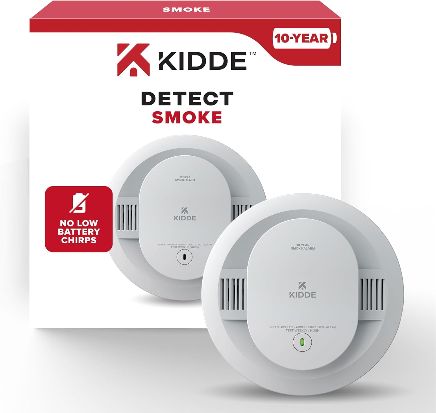 Kidde Smoke Detector, 10-Year Battery Powered, LED Warning Light Indicators
