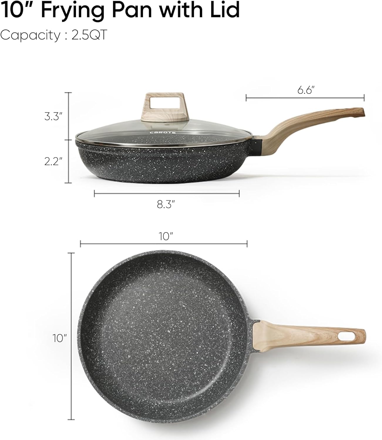 CAROTE Non Stick Frying Pan Skillet, Nonstick Granite Fry Pan with Glass Lid, Egg Pan Omelet Pans, Stone Cookware Chef's Pan, PFOA Free (Classic Granite, 10-Inch) - Image 2
