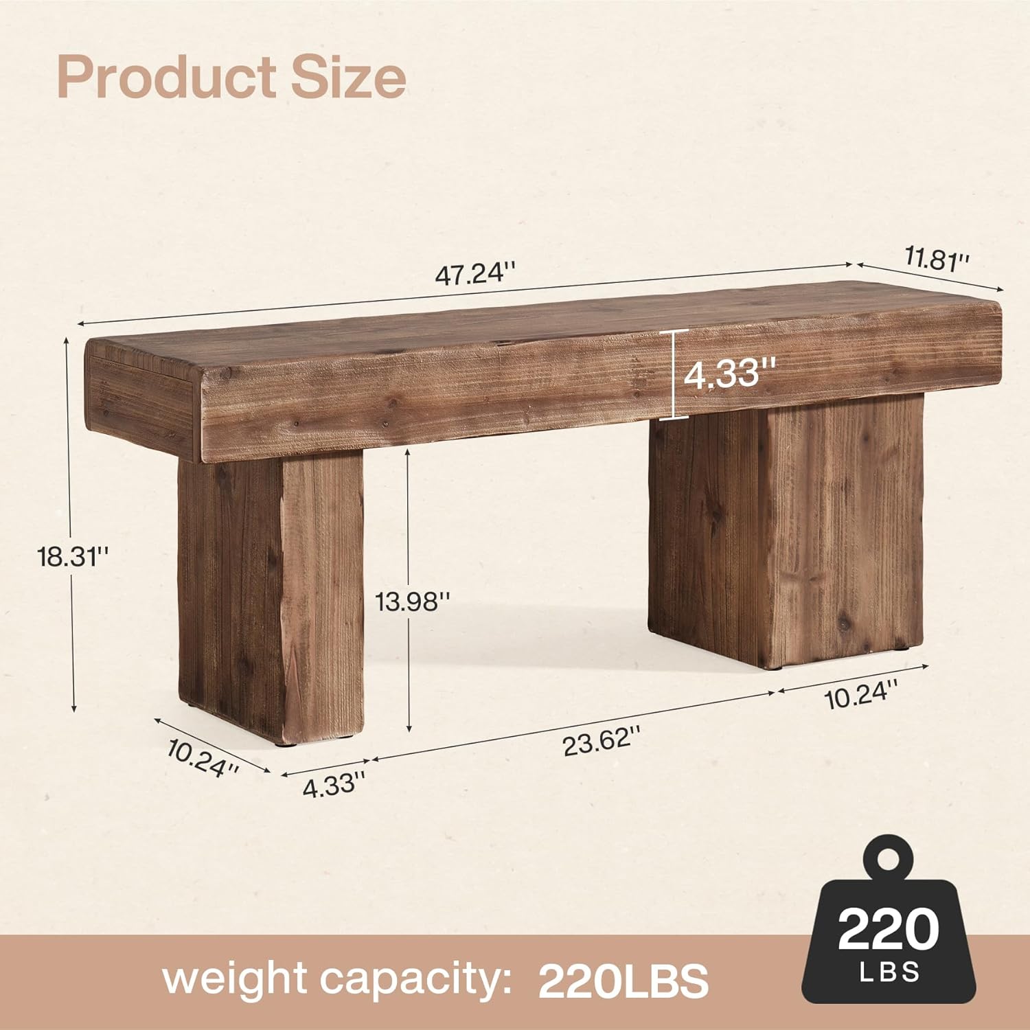 Thickened Solid Wood Bench, 47" Rustic Farmhouse Entryway Bench with Artistic Legs, Heavy Duty Dining Bench for Kitchen, Living Room, Hallway, End of Bed, Natural Wood - Image 2