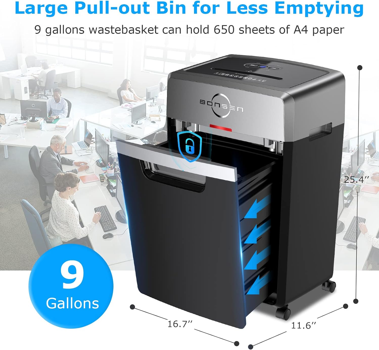 BONSEN Heavy Duty Paper Shredder, 24-Sheet Cross-Cut Shredder, 40-Min Continuous Running Time, Commercial Grade Shredder for Office, 9-Gallon Big Basket, 55dB Super Quiet, P-4 High Security (S3105) - Image 4