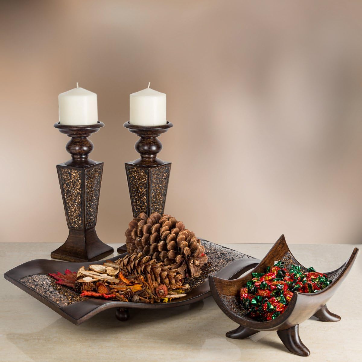 Creative Scents Schonwerk Brown Pillar Candle Holder Set of 2- Crackled Mosaic Design- Functional Table Decorations- Centerpieces for Dining/Living Room- Best Wedding Gift - Image 4
