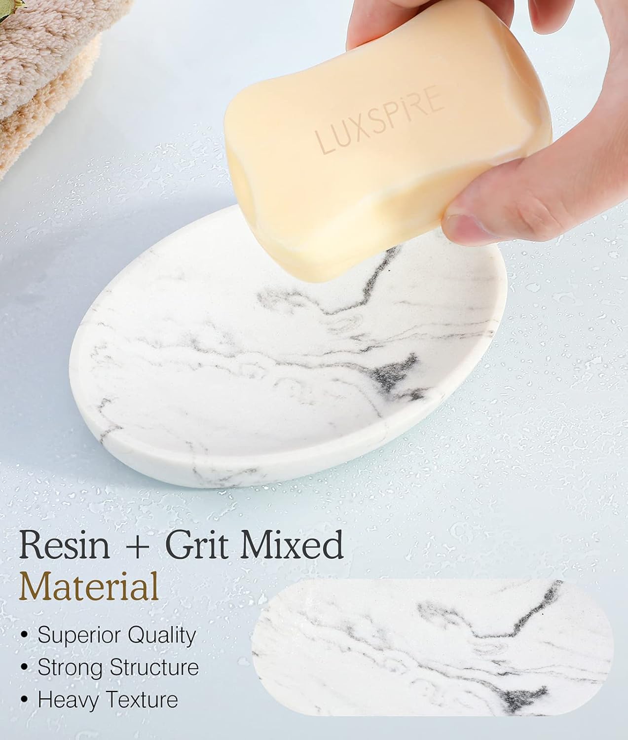 Luxspire Soap Dish, Resin Soap Tray Soap Holder Container Box, Marble Pattern Oval Soap Plate Case, Sponge Dish Scrubbers Tray Holder for Bathroom Vanity Shower Kitchen Sink Counter Top, Gravel White - Image 2