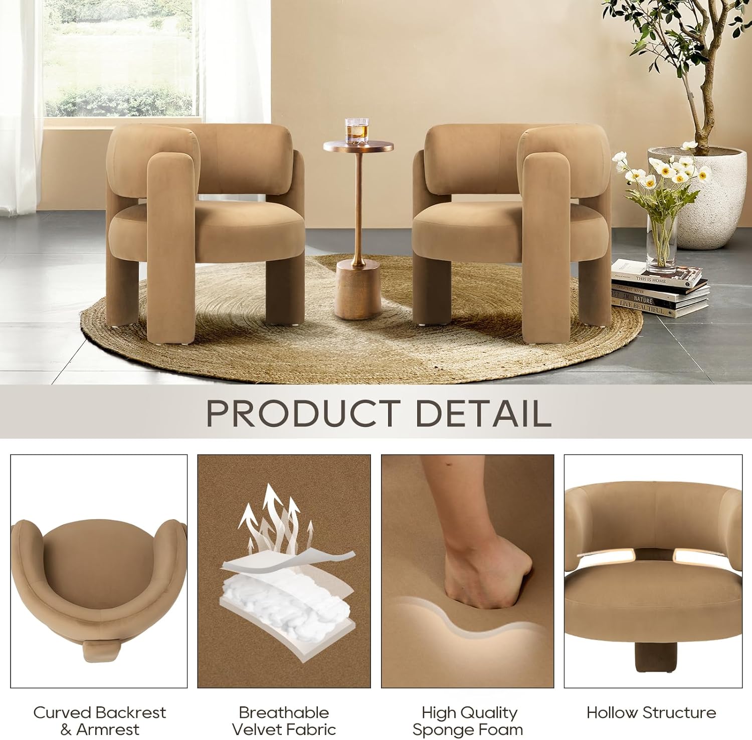 COLAMY Modern Velvet Accent Chairs Set of 2, Upholstered Barrel Chairs, Comfy Side Arm Chairs with 3 Legs for Living Room, Bedroom, Reading, Khaki - Image 3