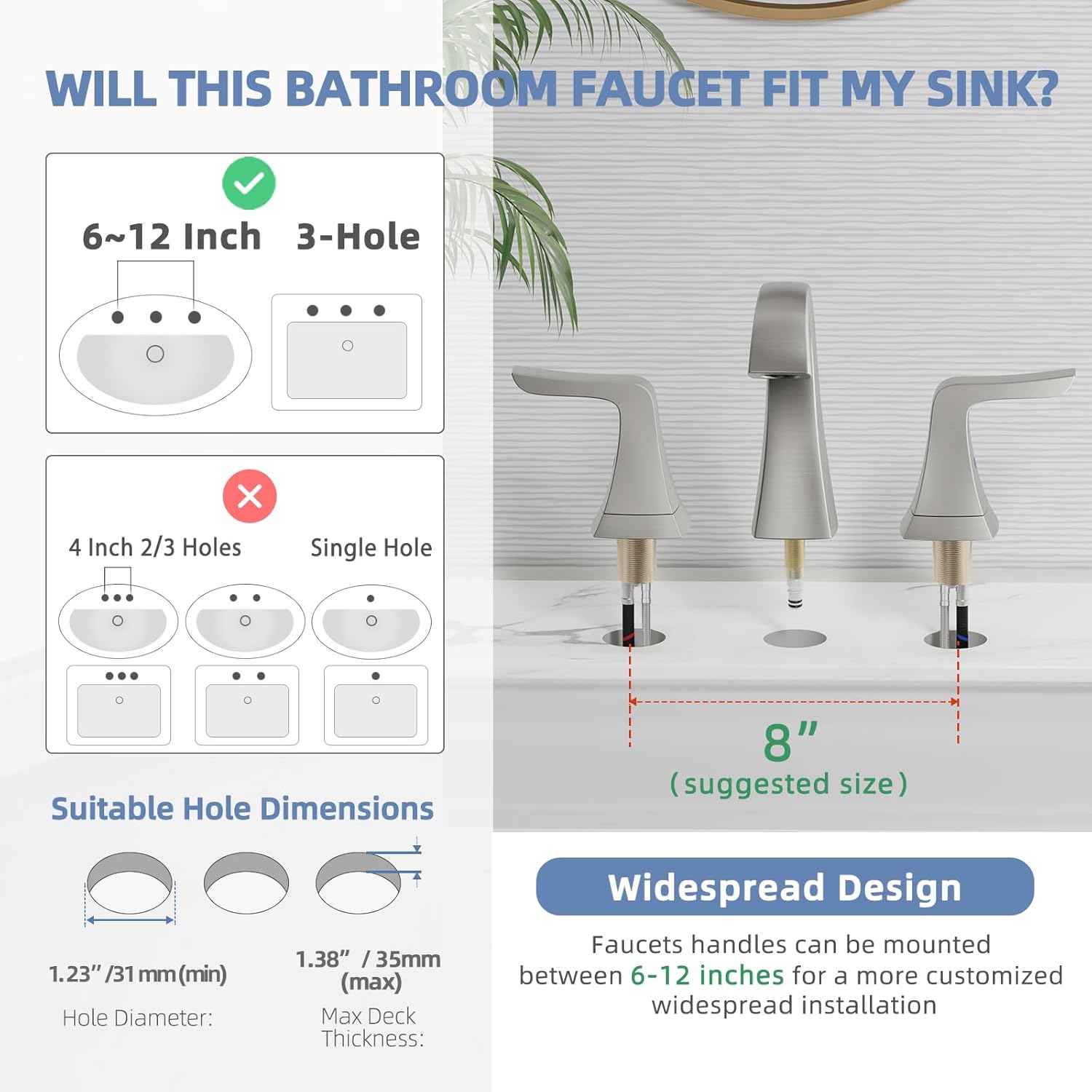 VXV Brushed Nickel Bathroom Faucet Widespread 8 Inch, 3 Hole Vanity Sink Faucet with Pop-Up Drain & Pre-Attached Supply Lines for Easy DIY Installation, Faucet for Bathroom Sink, RV - Image 5