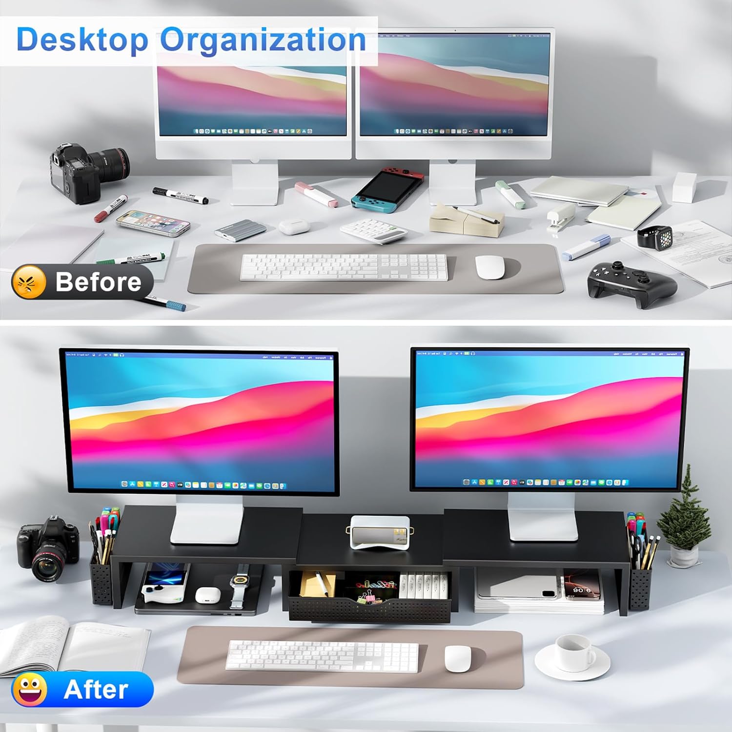 gianotter Dual Monitor Stand Riser, Desk Organizer With Drawer and 2 Pen Holders, Computer Monitor Stand, Shelf for Top of Desk, Black - Image 2