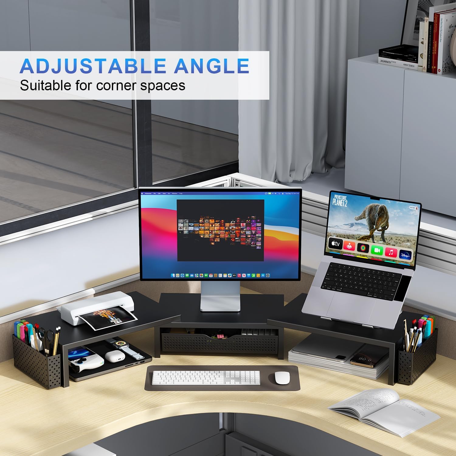 gianotter Dual Monitor Stand Riser, Desk Organizer With Drawer and 2 Pen Holders, Computer Monitor Stand, Shelf for Top of Desk, Black - Image 5