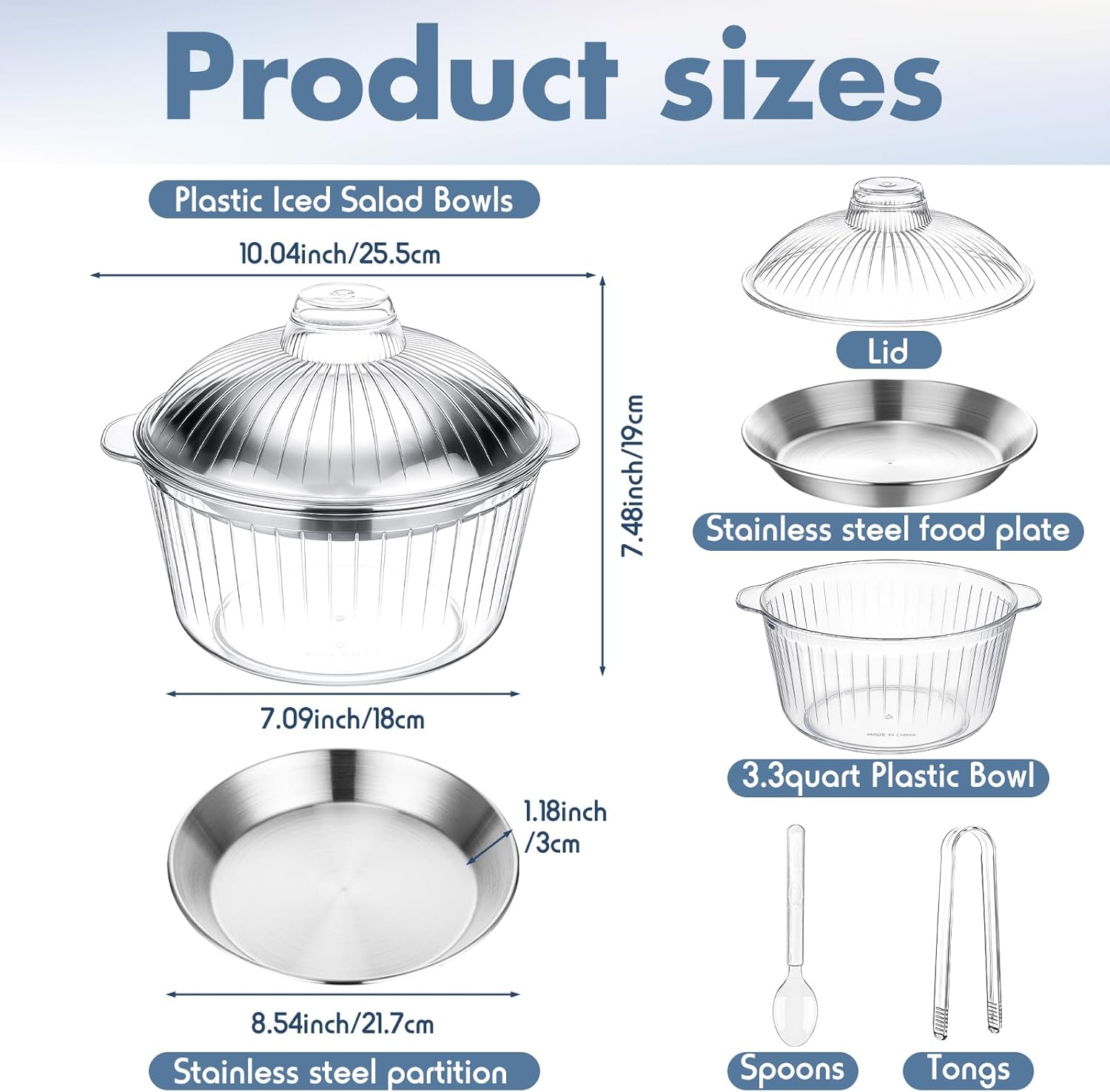 Baderke 3 Set 8.54'' Chilled Salad Bowl with Ice Chiller Base and Lid Chilled Serving Trays with Stainless Steel Plate Cold Food Serving Trays with Plastic Tableware for Party Buffet Outdoor Picnic - Image 2