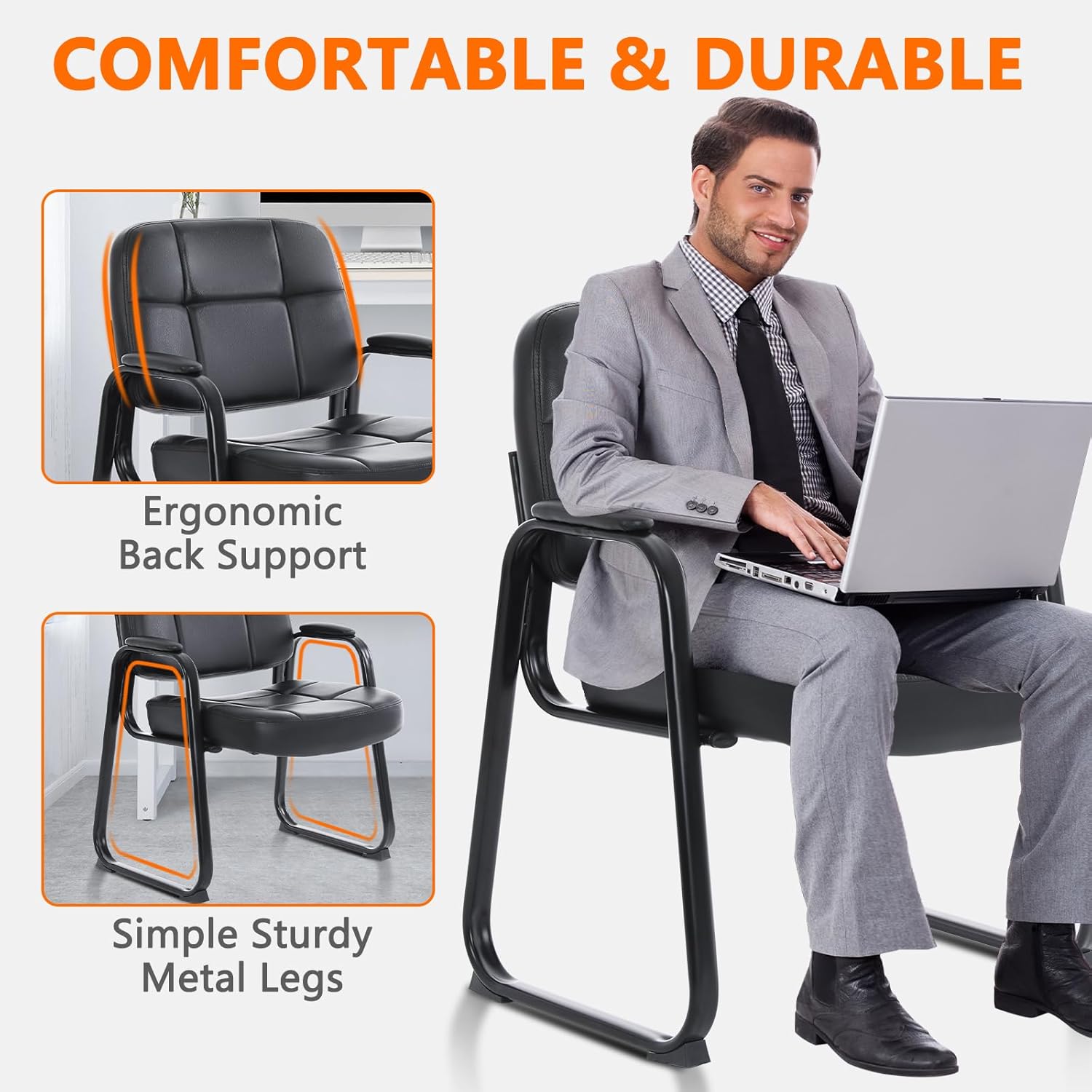 CLATINA Big & Tall Waiting Room Guest Chair with Bonded Leather Padded Arm Rest and Sled Base for Office Reception Lobby and Conference Desk, Black(4 Pack) - Image 4