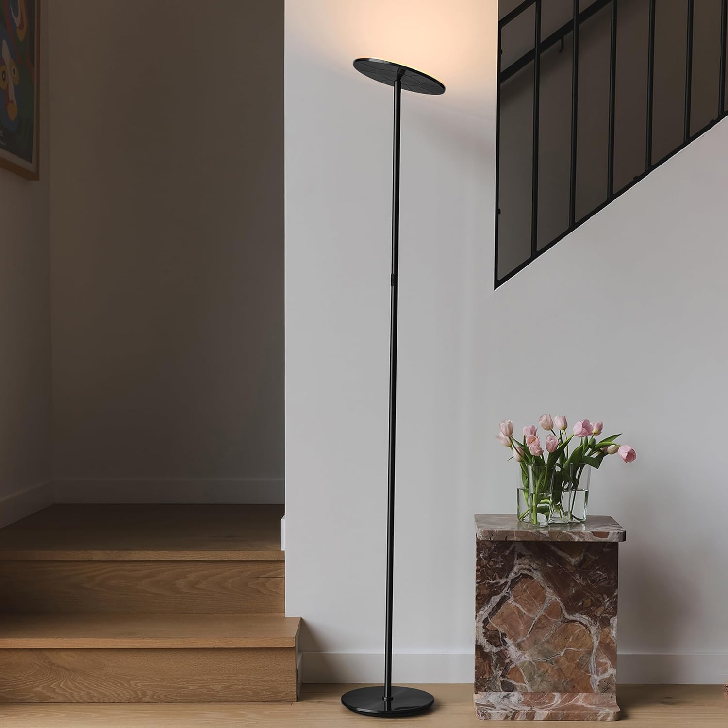 Brightech Sky LED Floor lamp, Torchiere Super Bright Floor Lamp for Living Room Decor & Office - Dimmable, Tall Standing Torch Lamp with Warm Light for Bedroom & Reading - Black - Image 4