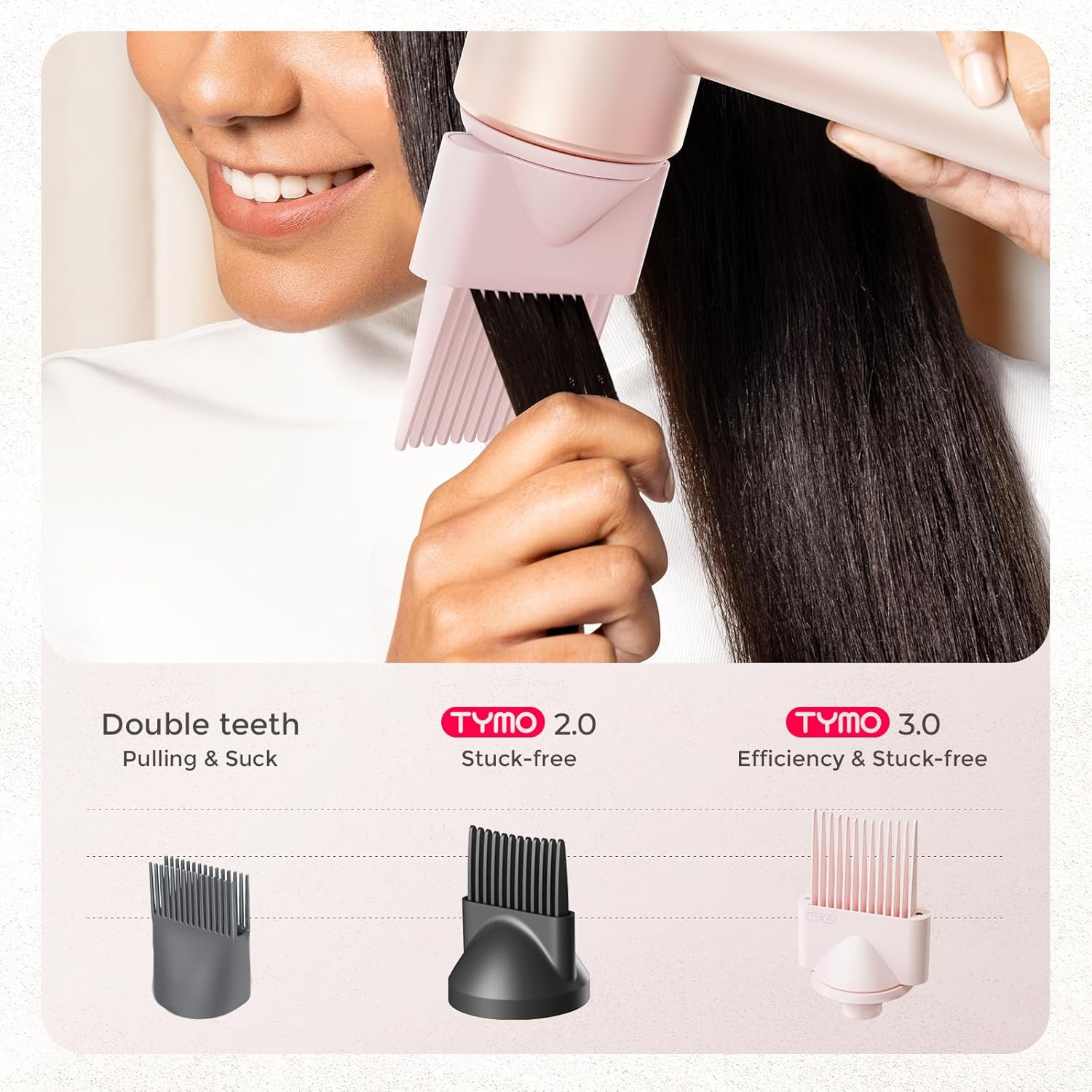 Blow Dryer with Comb, TYMO AIRHYPE Compact 200 Million lonic Hair Dryer with Diffuser, Fast Dry Pink Blow Dryer for Women 110,000RPM Portable Hairdryer for Curly Hair, 4 Temps & 2 Speeds - Image 5