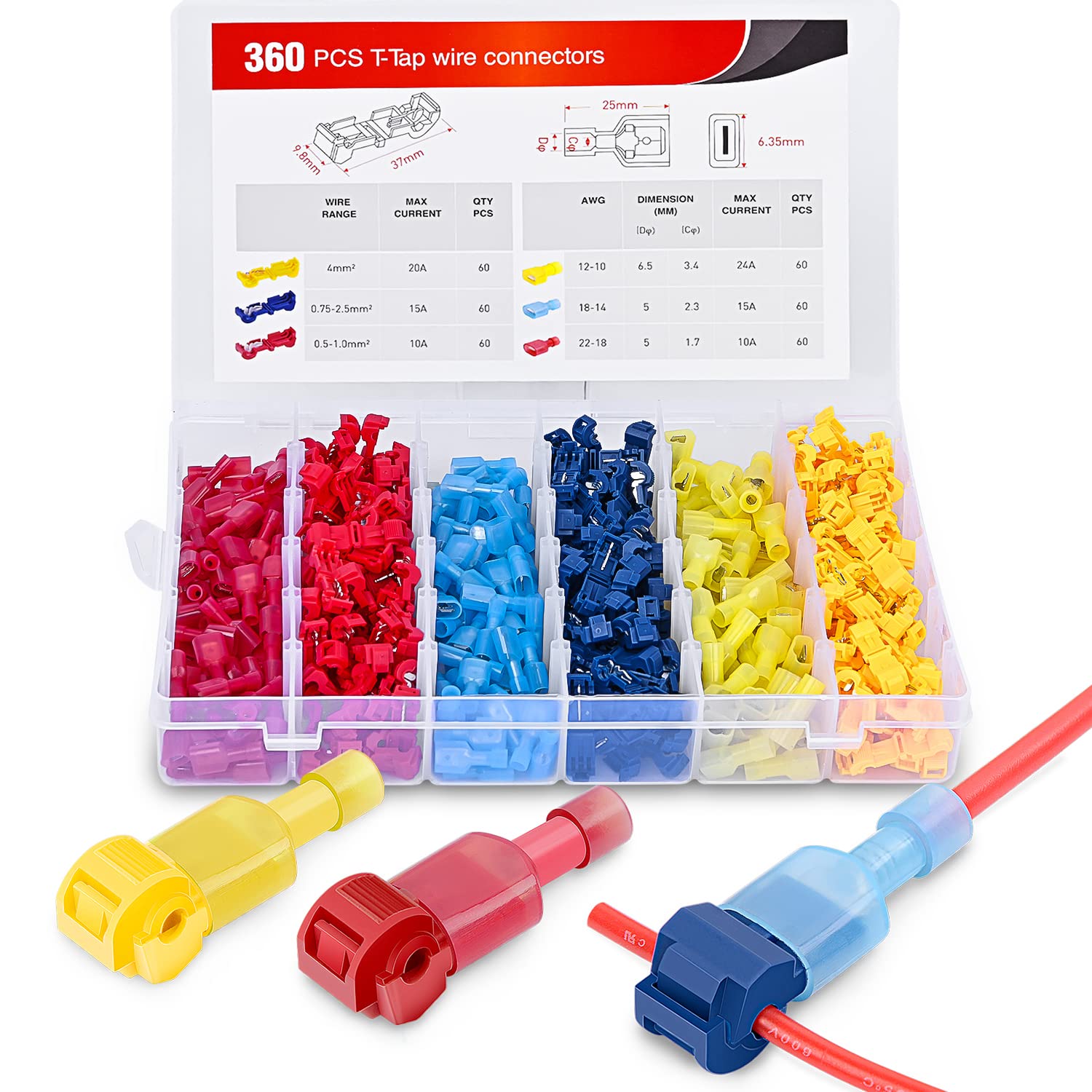 Nilight 360PCS T-Tap Wire Connectors Self-Stripping Quick Splice Electrical Terminals Insulated Male Disconnect Spade Assortment Kit with Storage Case